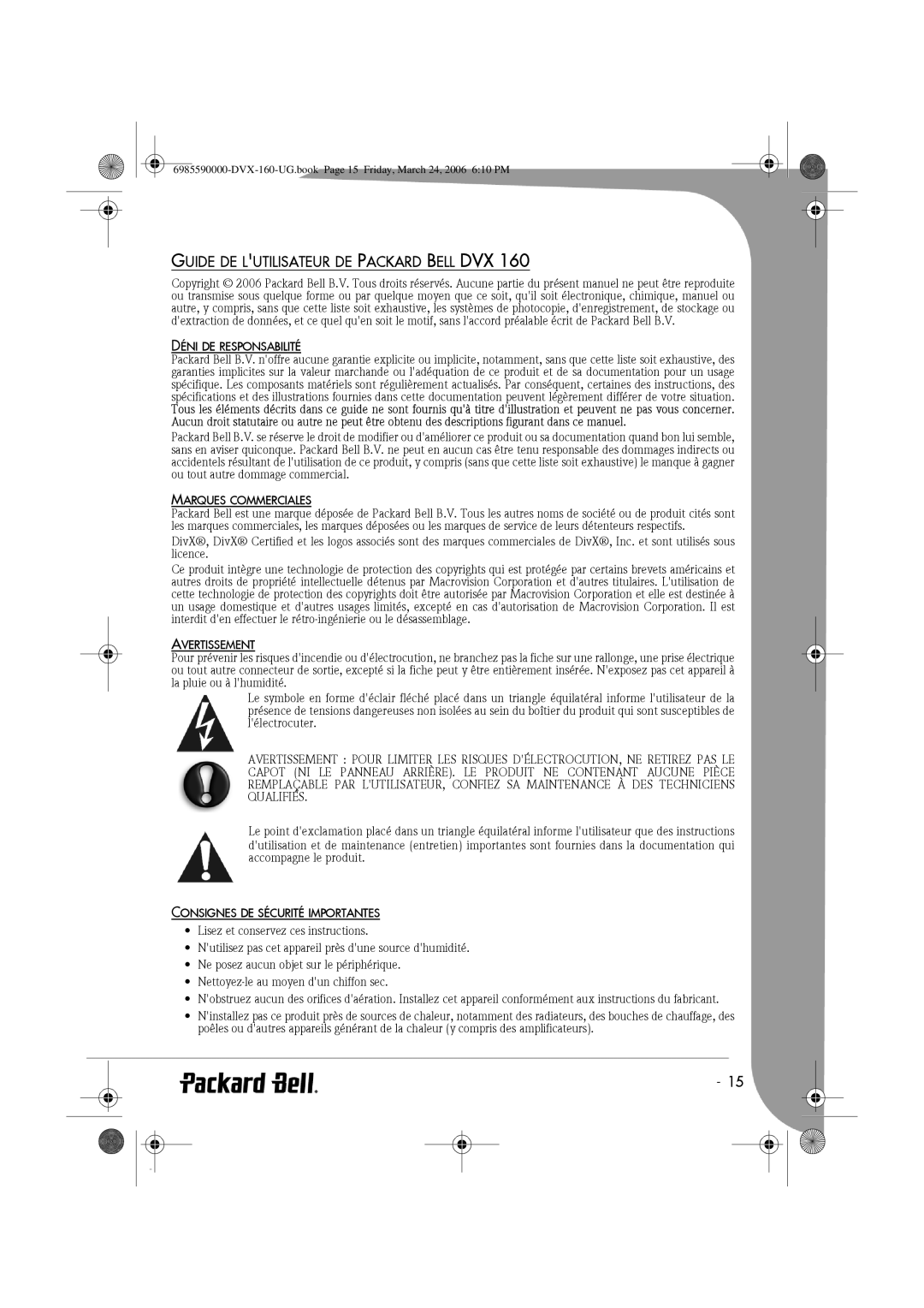 Packard Bell 160 Guide DE Lutilisateur DE Packard Bell DVX, Déni DE Responsabilité, Marques Commerciales, Avertissement 