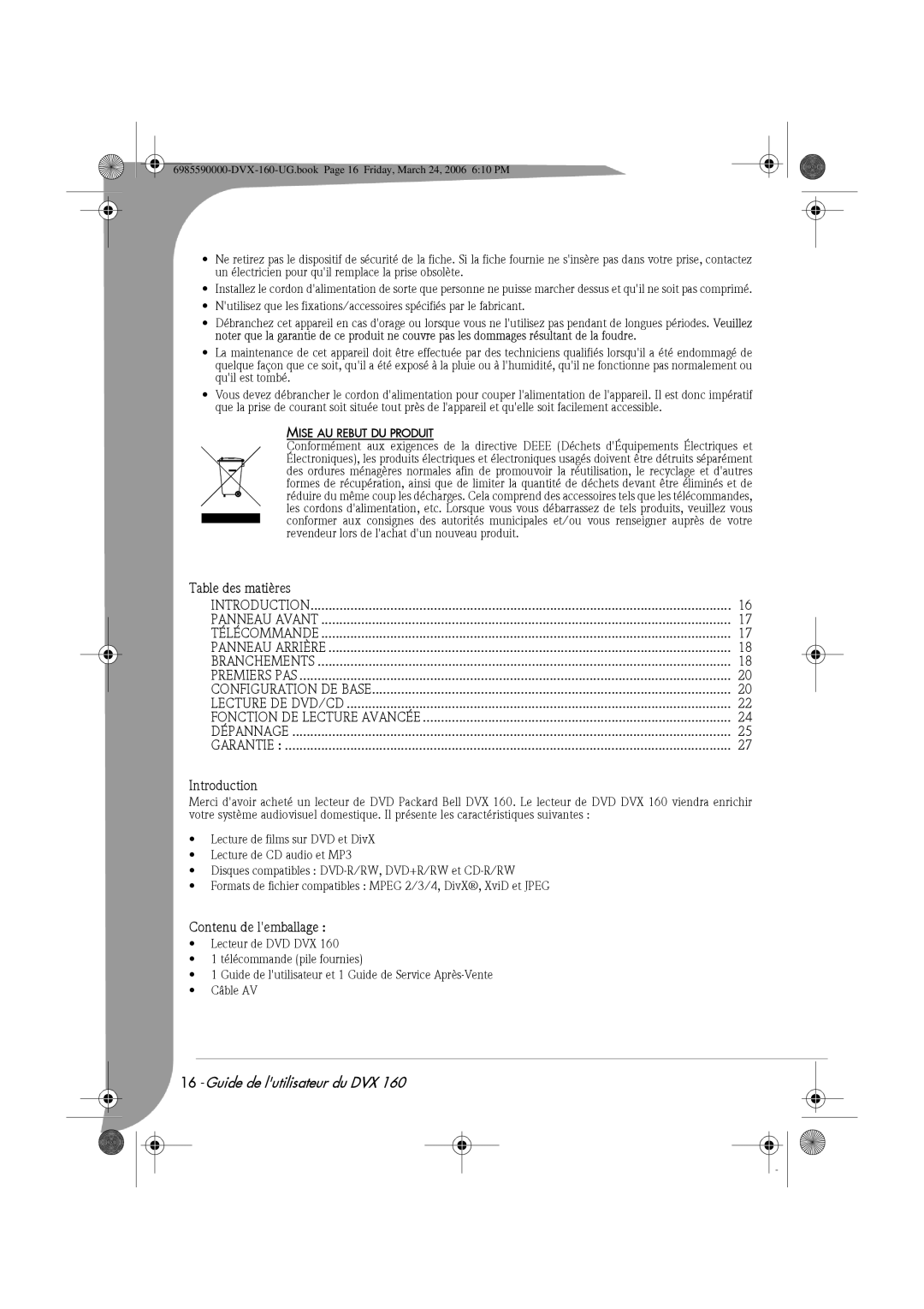 Packard Bell 160 manual Table des matières, Contenu de lemballage, Fonction DE Lecture Avancée, Mise AU Rebut DU Produit 