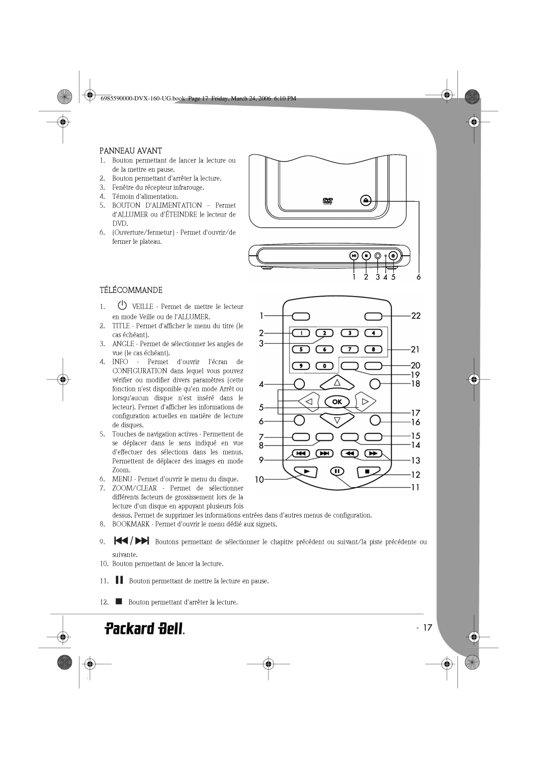 Packard Bell 160 manual Panneau Avant, Télécommande 