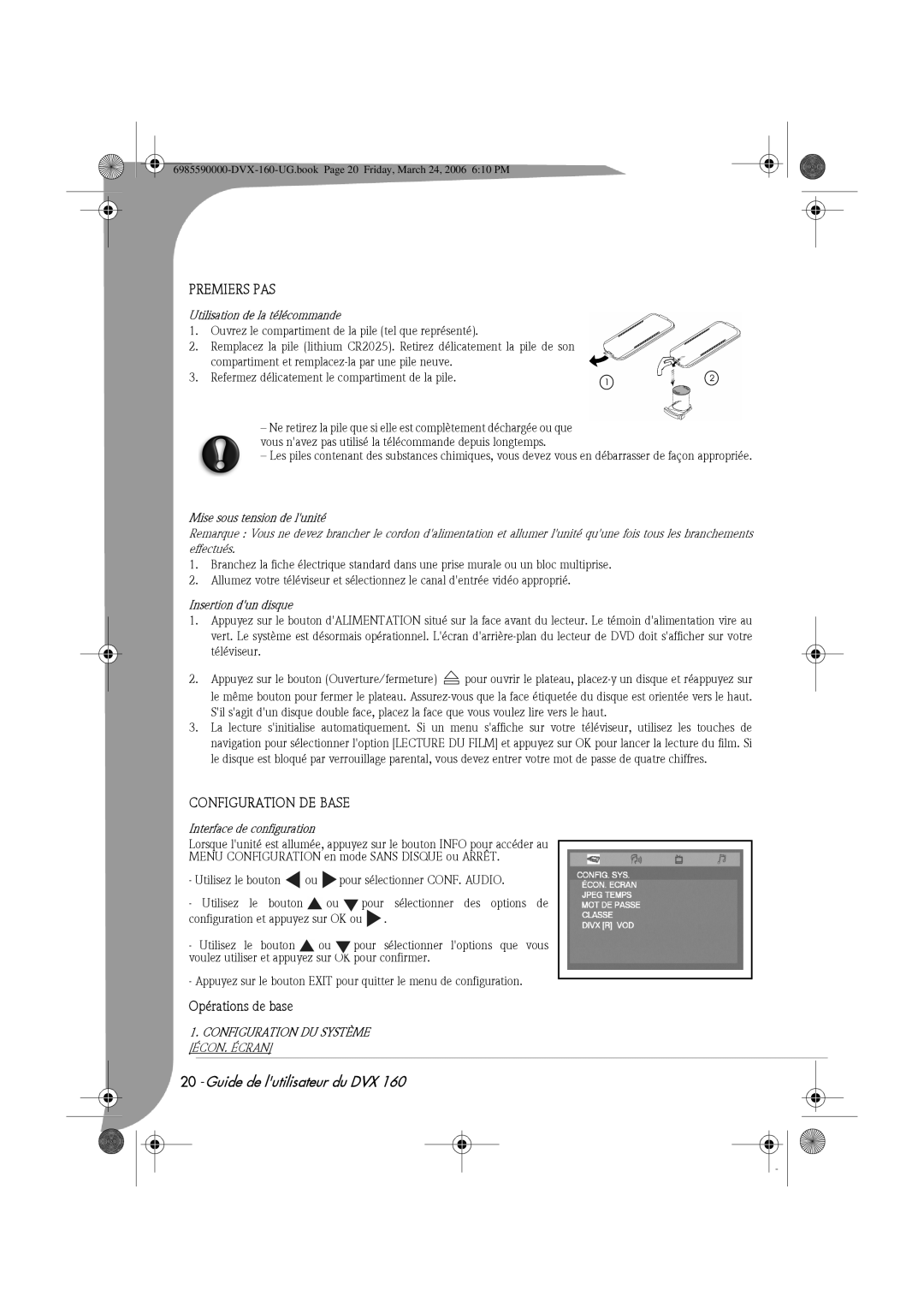 Packard Bell 160 manual Premiers PAS, Configuration DE Base, Opérations de base, Configuration DU Système ÉCON. Écran 