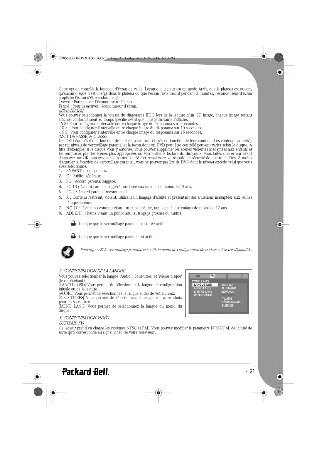 Packard Bell 160 manual Jpeg Temps, Configuration DE LA Langue, Configuration Vidéo, Système TV 