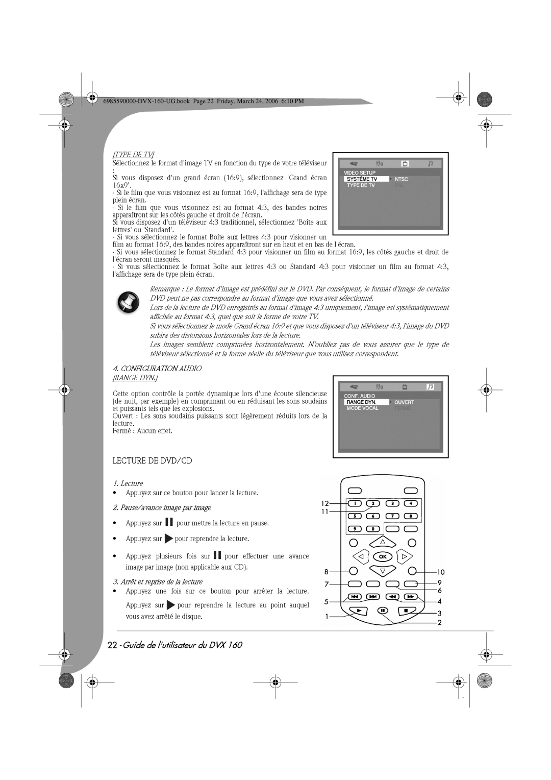 Packard Bell 160 manual Lecture DE DVD/CD, Configuration Audio Range DYN, Pause/avance image par image 