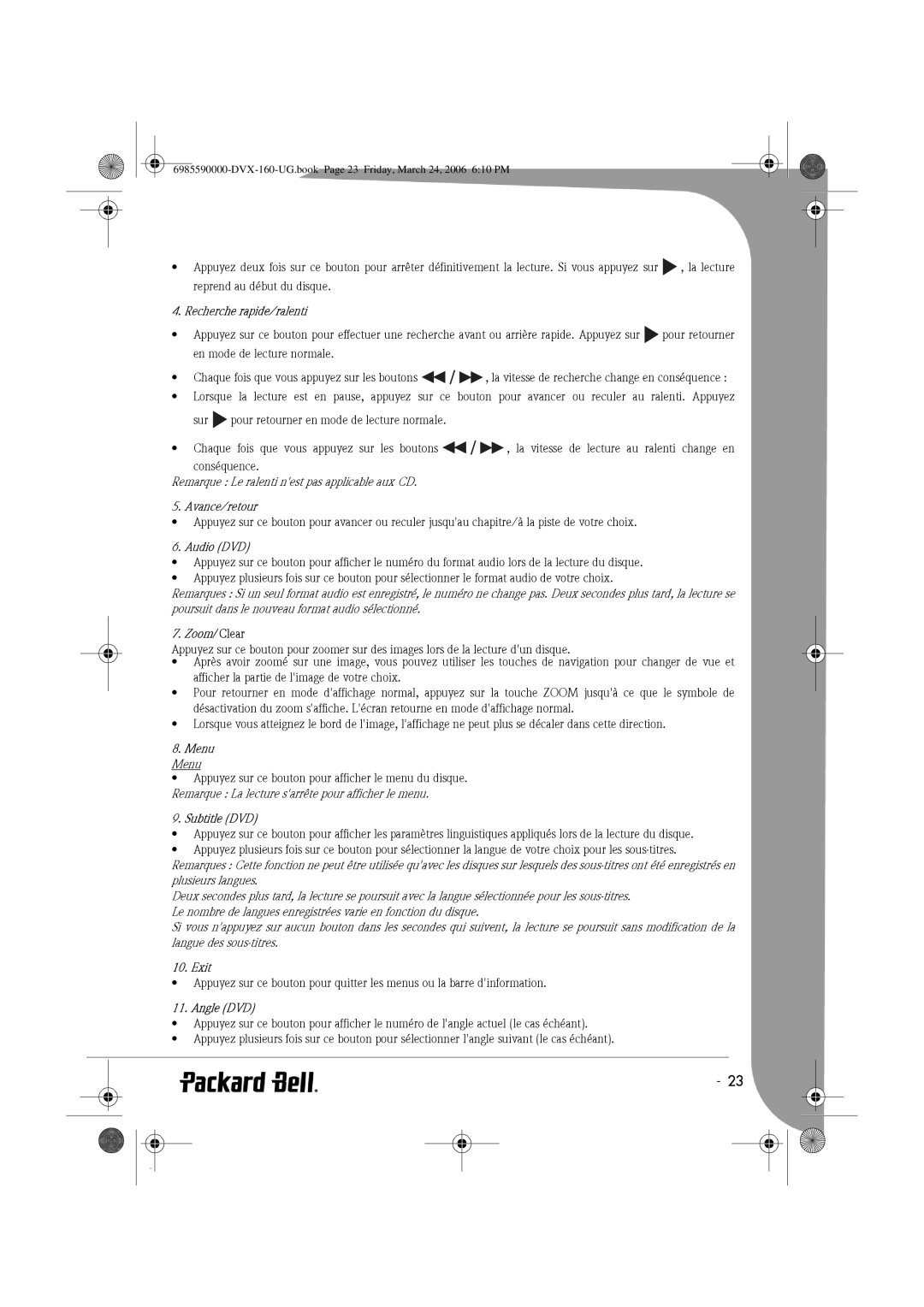 Packard Bell 160 manual Recherche rapide/ralenti, Avance/retour 