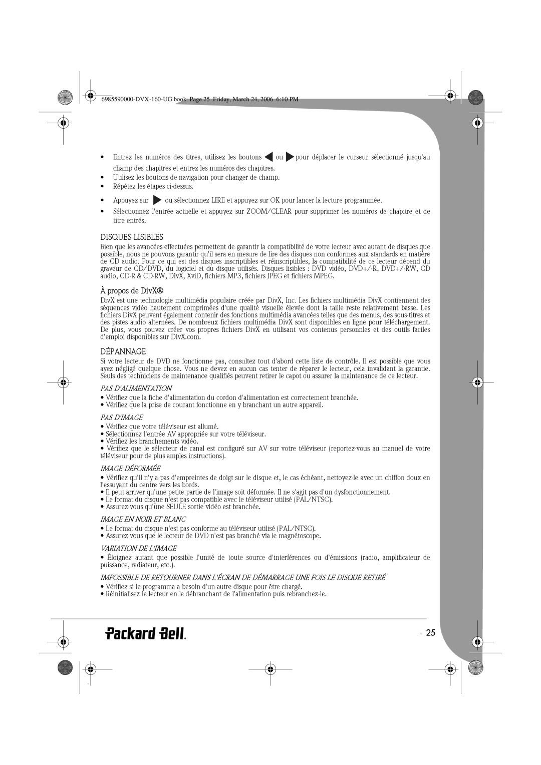 Packard Bell 160 manual Disques Lisibles, Propos de DivX, Dépannage 