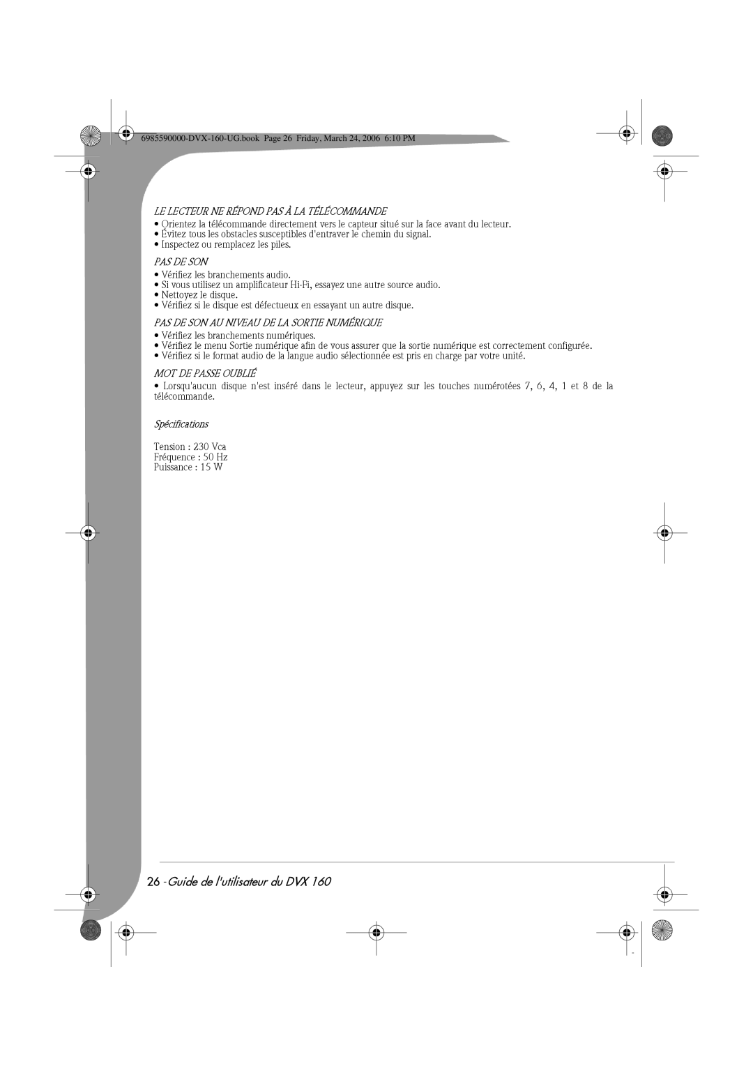 Packard Bell 160 manual LE Lecteur NE Répond PAS À LA Télécommande, Pas De Son, PAS DE SON AU Niveau DE LA Sortie Numérique 