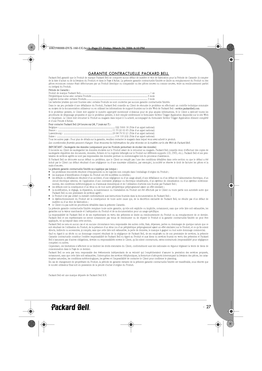 Packard Bell 160 manual Garantie Contractuelle Packard Bell 