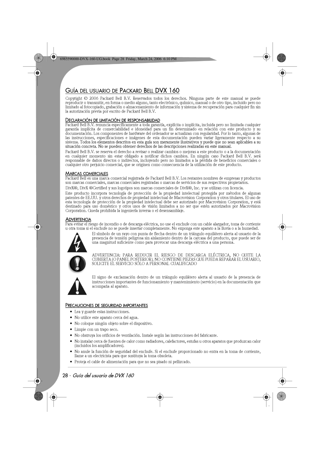 Packard Bell 160 Guía DEL Usuario DE Packard Bell DVX, Declaración DE Limitación DE Responsabilidad, Marcas Comerciales 