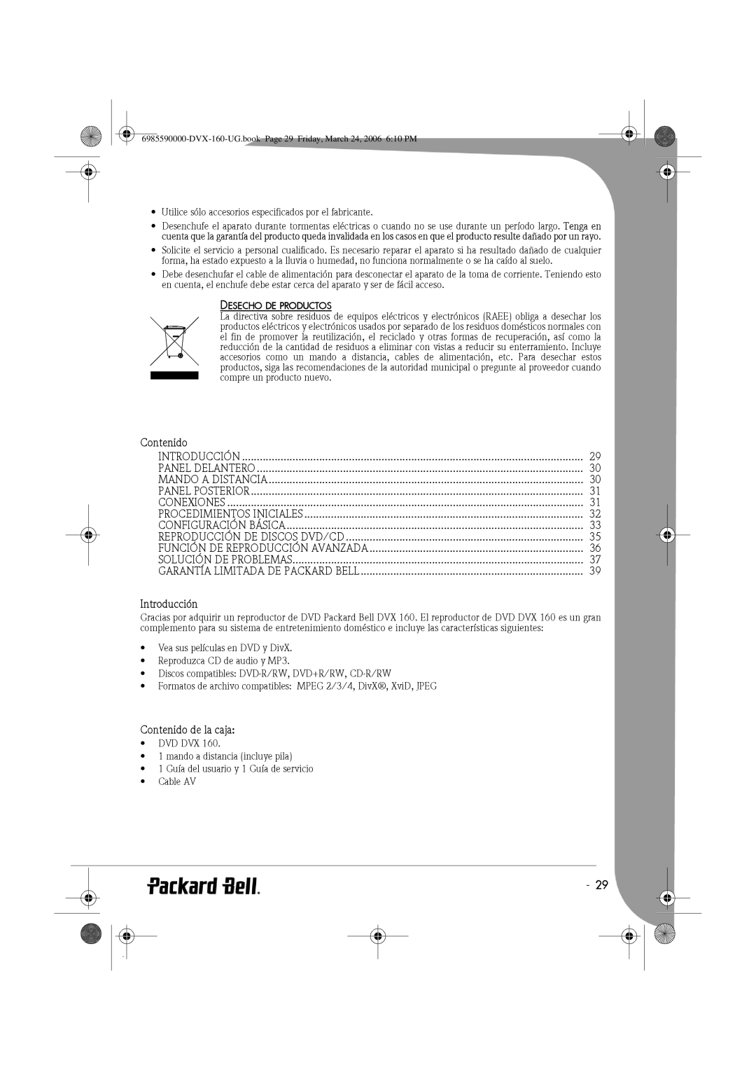 Packard Bell 160 manual Introducción, Contenido de la caja, Procedimientos Iniciales, Desecho DE Productos 