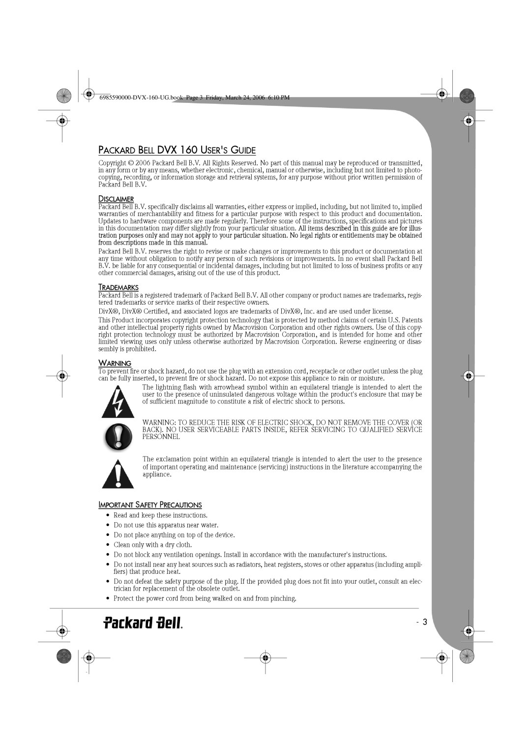 Packard Bell manual Packard Bell DVX 160 Users Guide, Disclaimer, Trademarks, Important Safety Precautions 