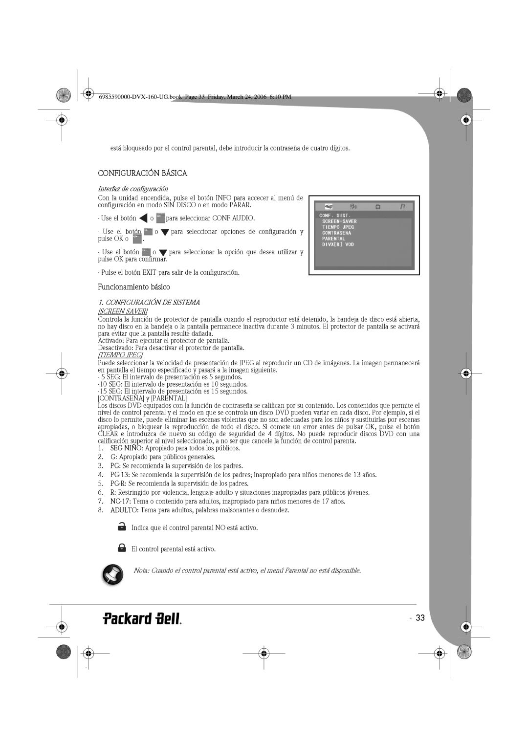 Packard Bell 160 manual Configuración Básica, Funcionamiento básico, Interfaz de configuración, Configuración DE Sistema 