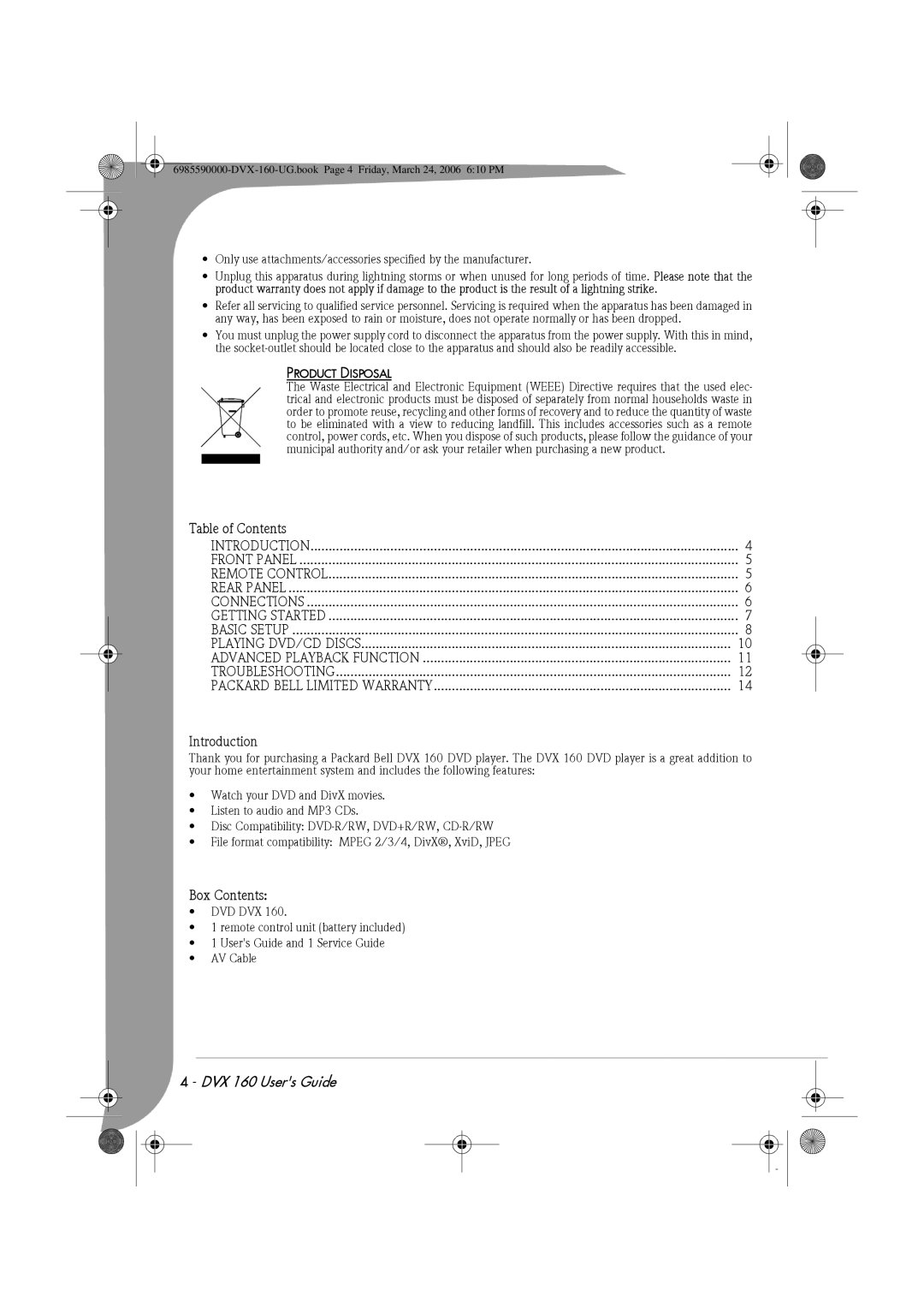 Packard Bell 160 manual Table of Contents, Introduction, Box Contents 