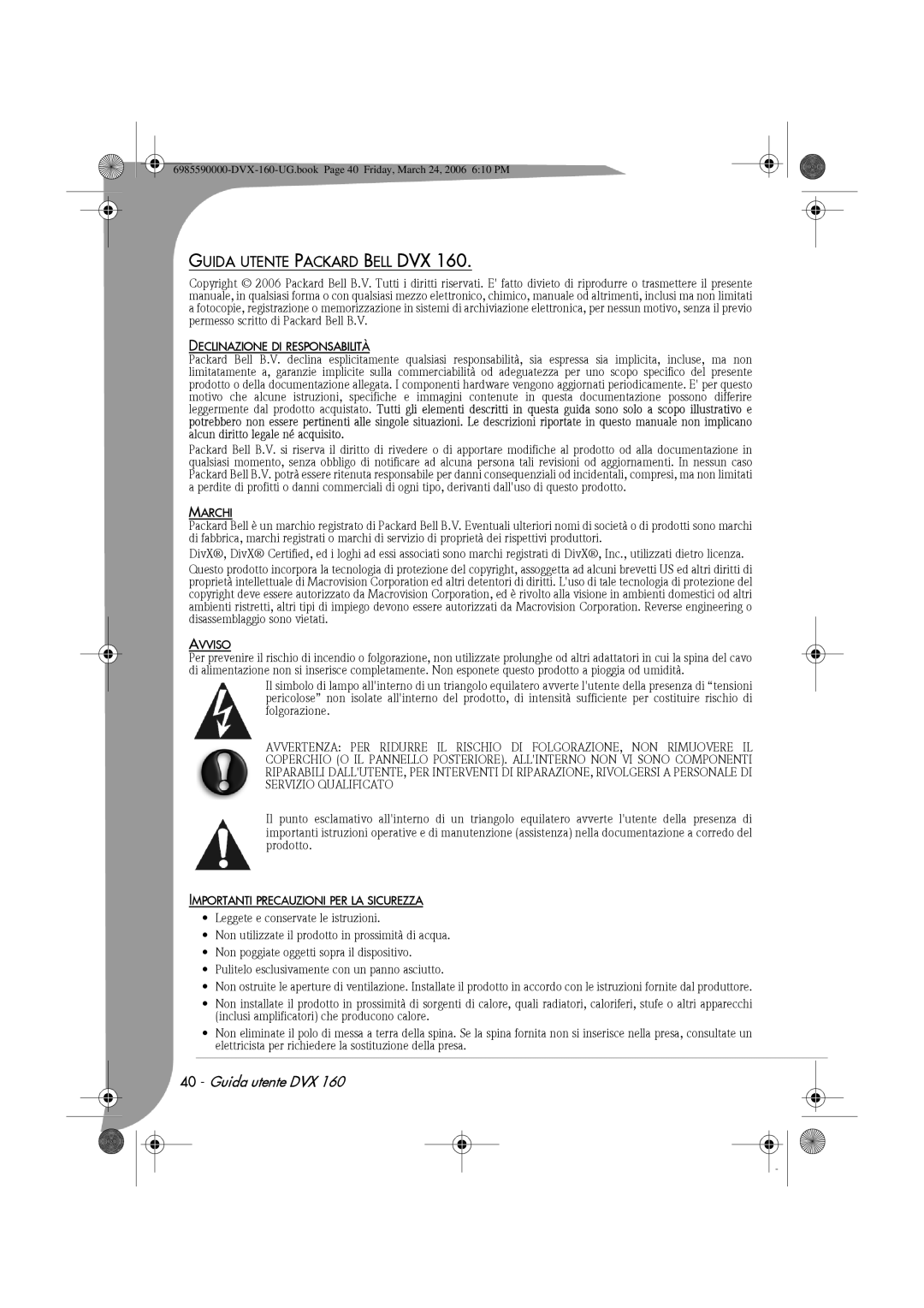 Packard Bell 160 manual Guida Utente Packard Bell DVX, Declinazione DI Responsabilità, Marchi, Avviso 