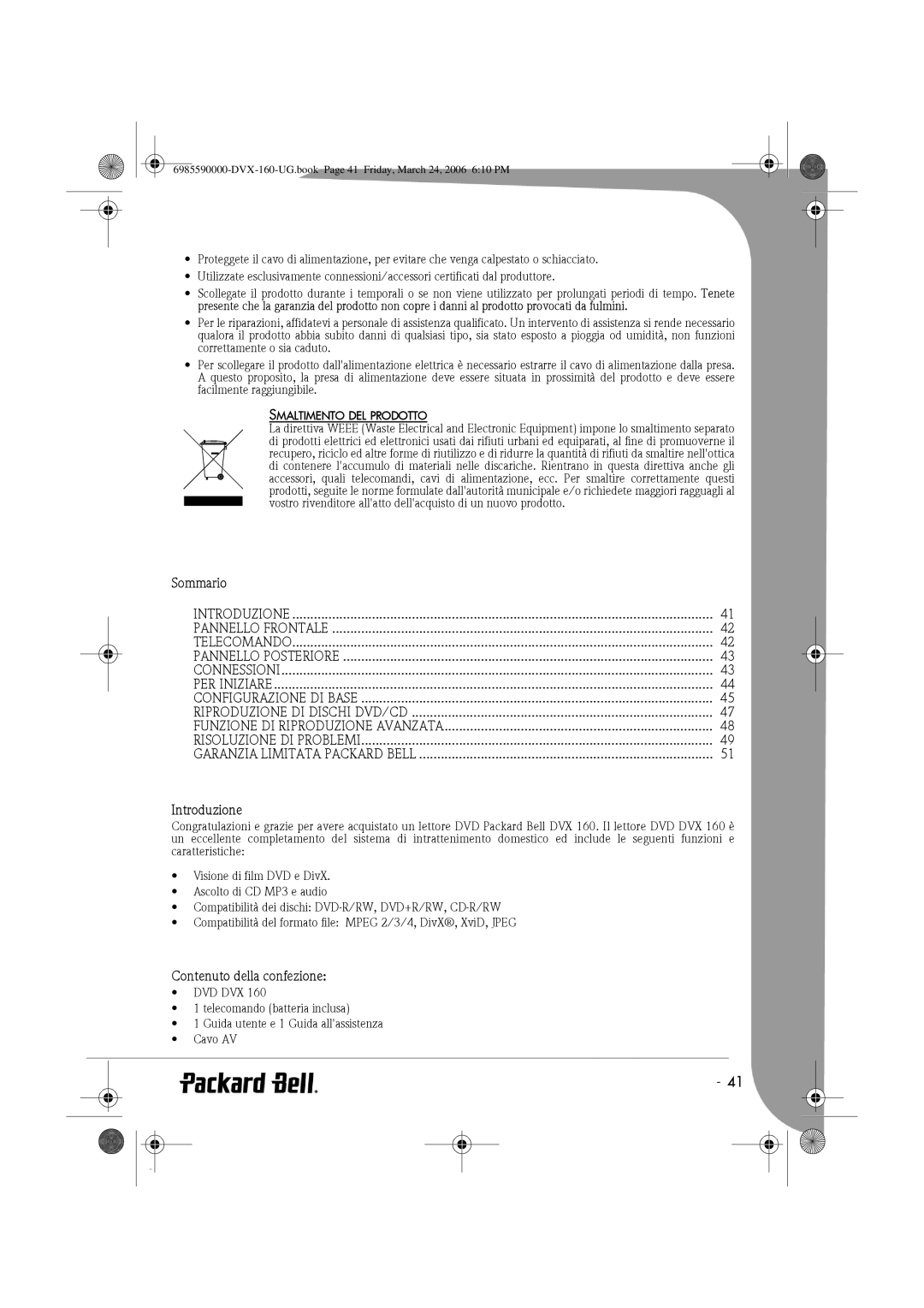 Packard Bell 160 manual Sommario, Introduzione, Contenuto della confezione, Pannello Posteriore, Smaltimento DEL Prodotto 