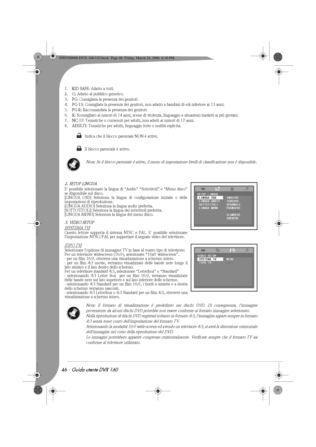 Packard Bell 160 manual Setup Lingua, Systema TV, Tipo TV 