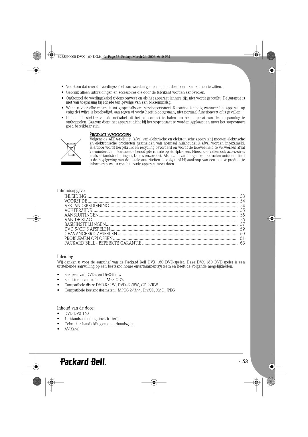 Packard Bell 160 manual Inhoudsopgave, Inleiding, Inhoud van de doos, Product Weggooien 