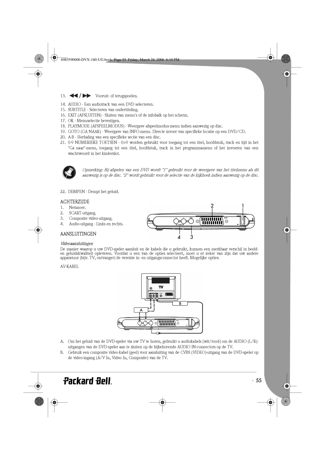 Packard Bell 160 manual Achterzijde, Aansluitingen, Videoaansluitingen, Av-Kabel 