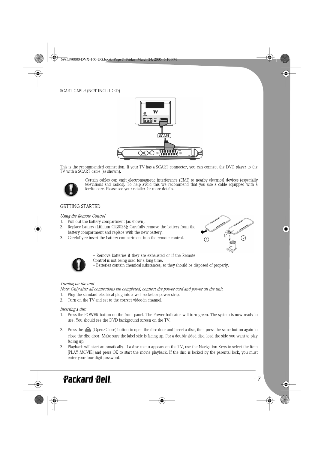 Packard Bell 160 manual Getting Started, Scart Cable not Included, Using the Remote Control, Turning on the unit 