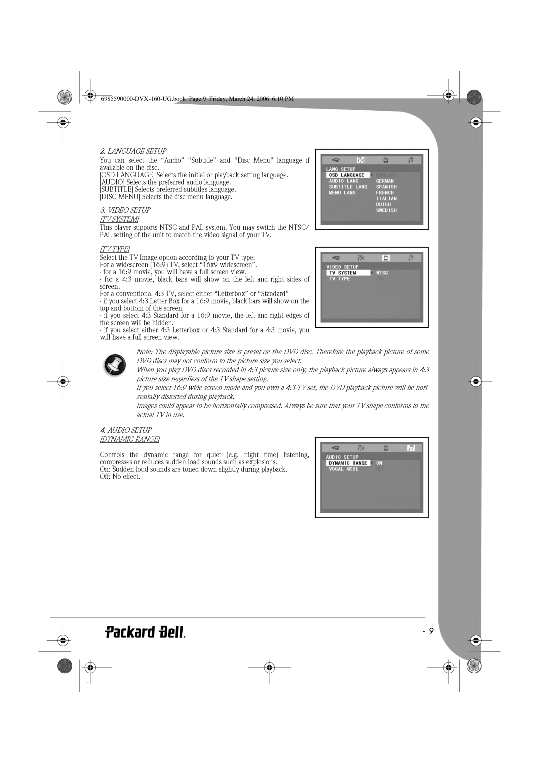 Packard Bell 160 manual Language Setup, Video Setup, TV System, TV Type 