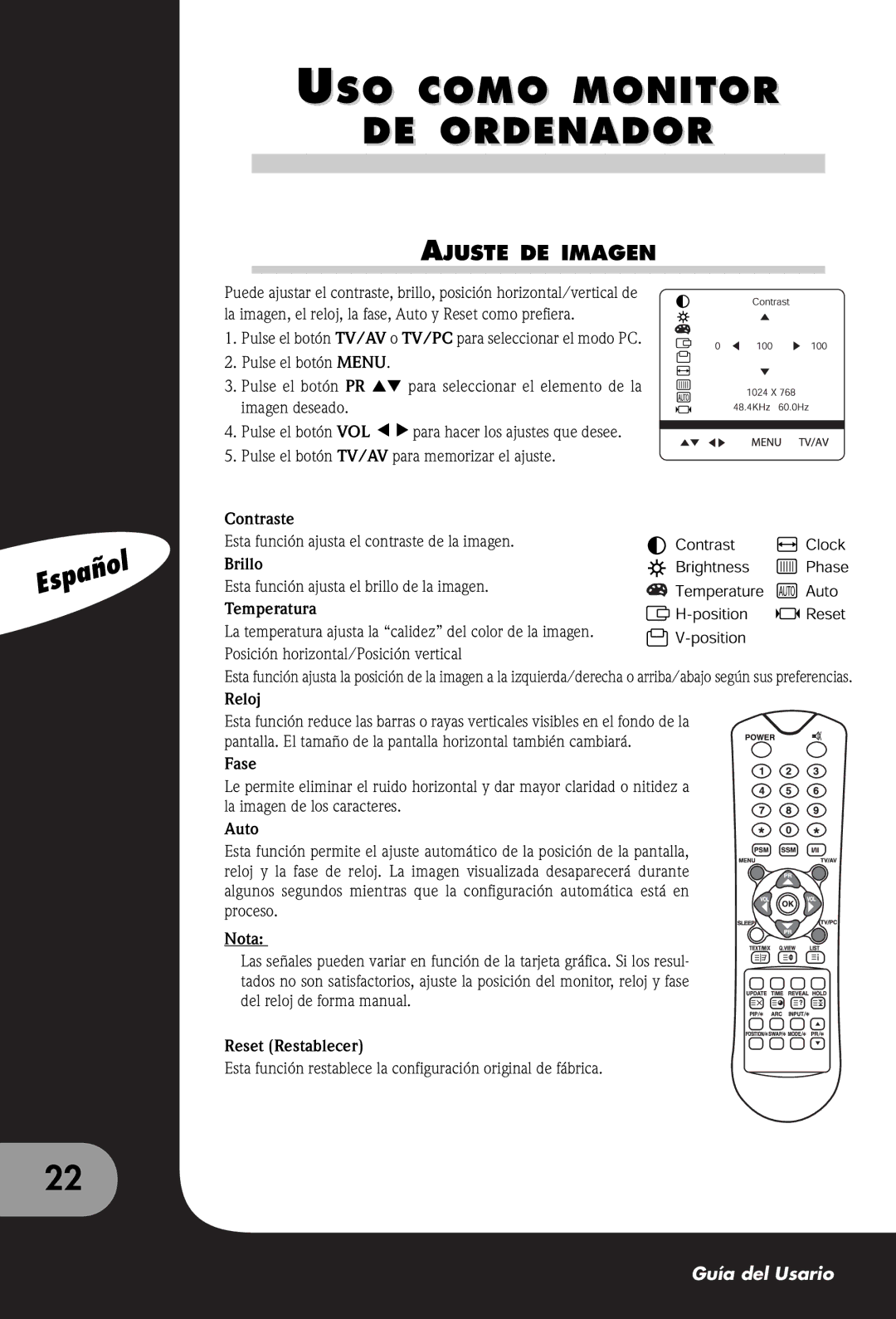 Packard Bell 230, 300 SW, 170 manual USO Como Monitor DE Ordenador, Ajuste DE Imagen 