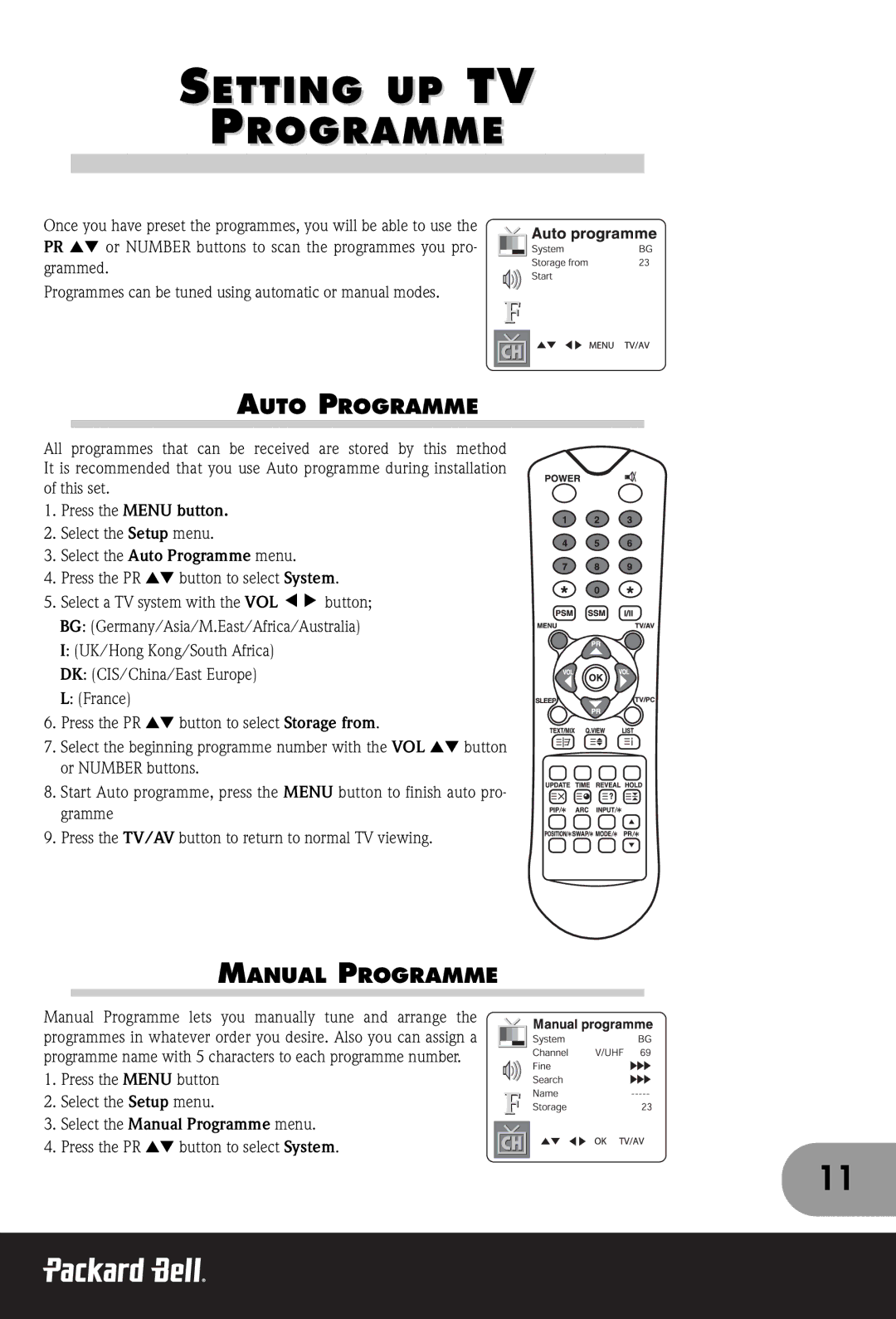 Packard Bell 170, 300 SW, 230 manual Setting UP TV Programme, Auto Programme, Manual Programme, Press the Menu button 