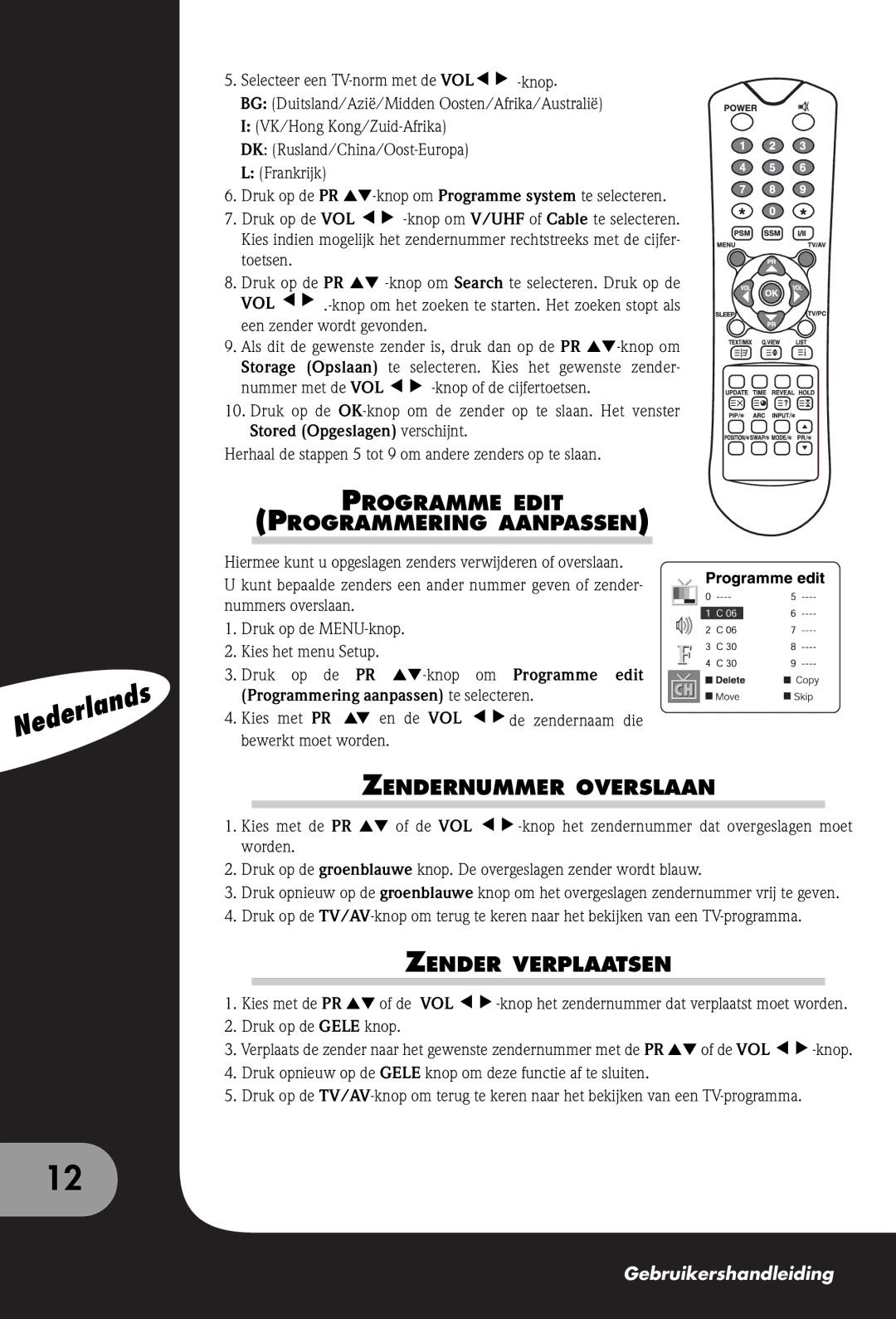 Packard Bell 170, 300 SW, 230 manual Programme Edit Programmering Aanpassen, Zendernummer Overslaan, Zender Verplaatsen 