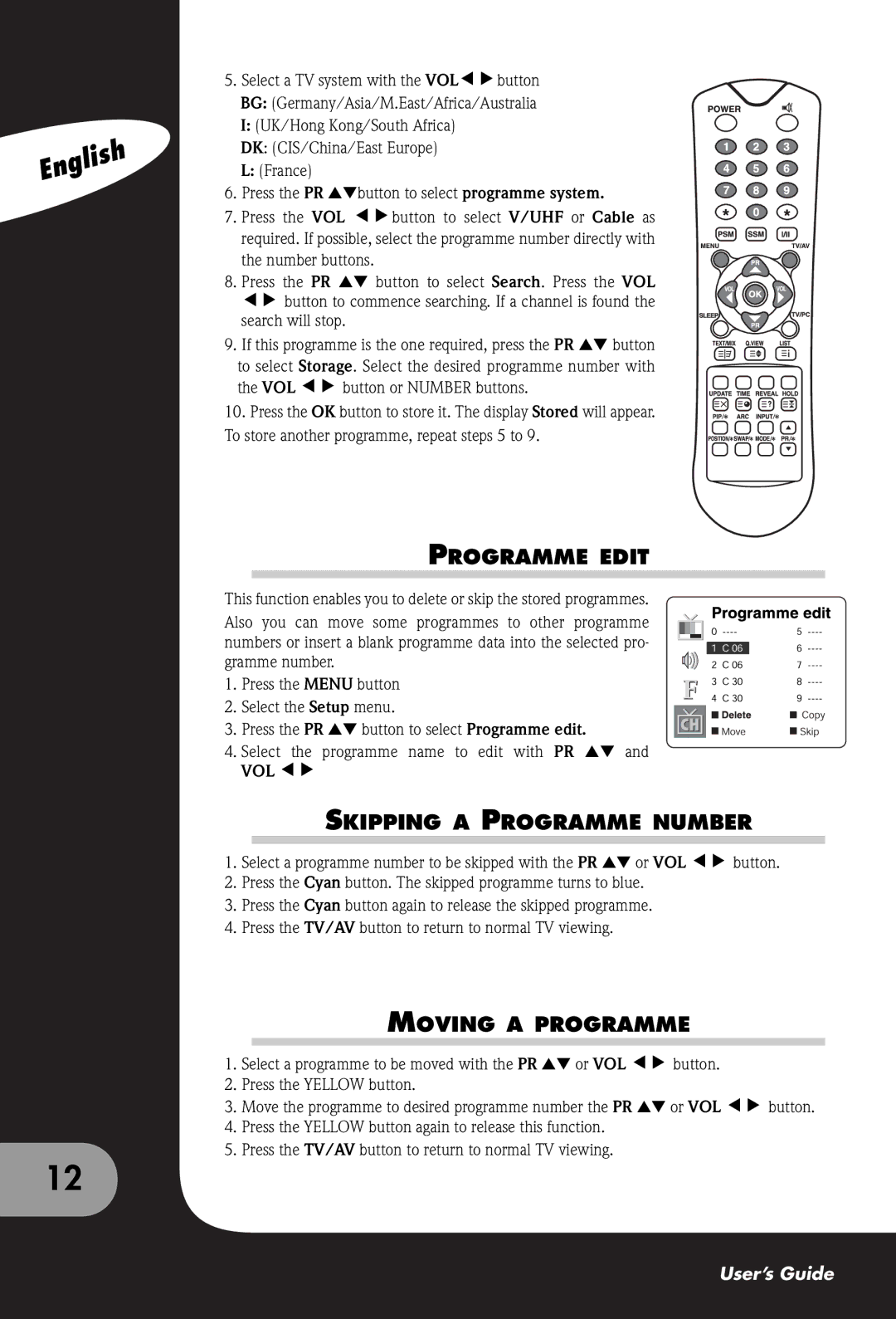 Packard Bell 300 SW, 230, 170 manual Programme Edit, Skipping a Programme Number, Moving a Programme, Press the Yellow button 