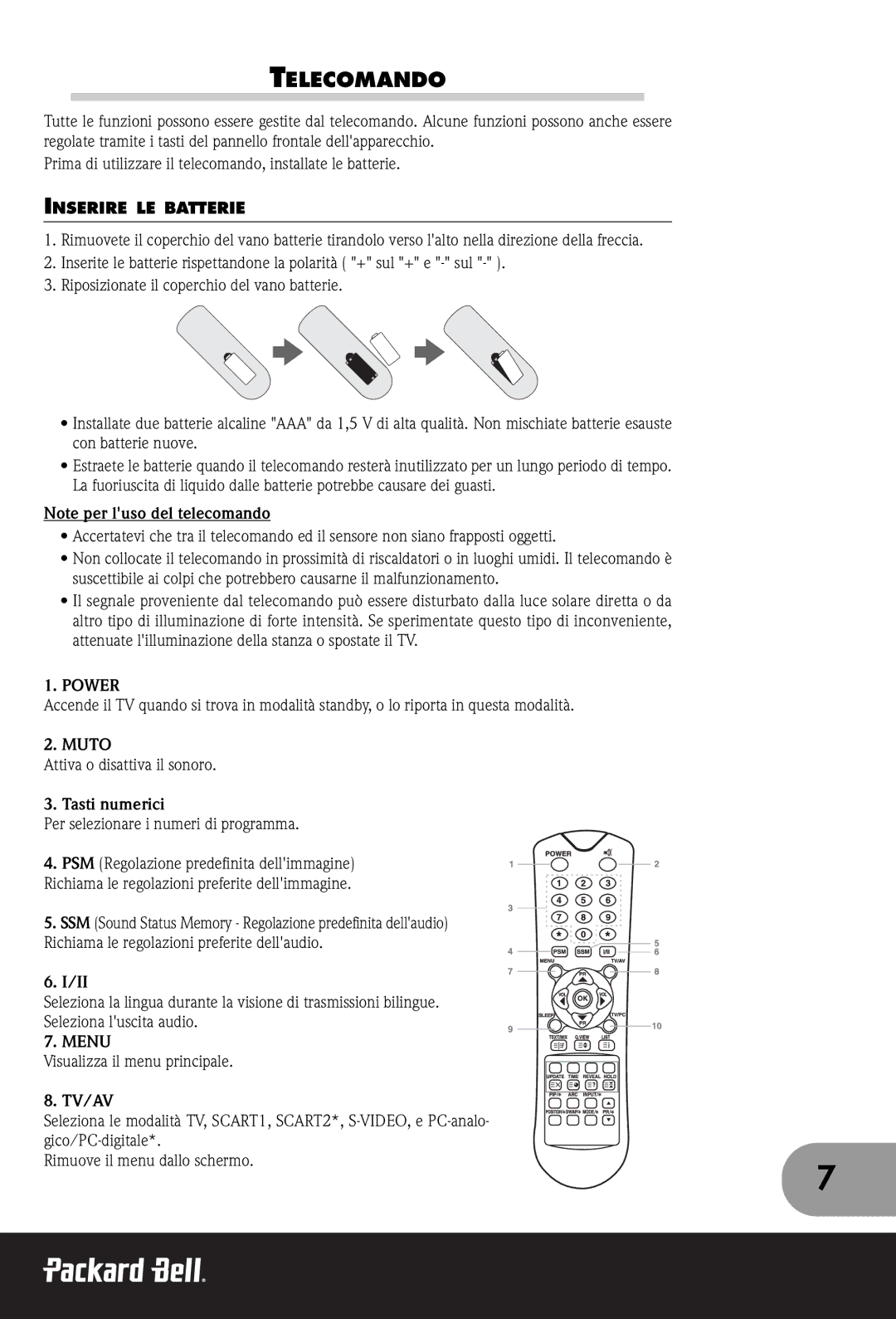 Packard Bell 170, 300 SW, 230 manual Telecomando, Inserire LE Batterie, Muto, Tasti numerici 