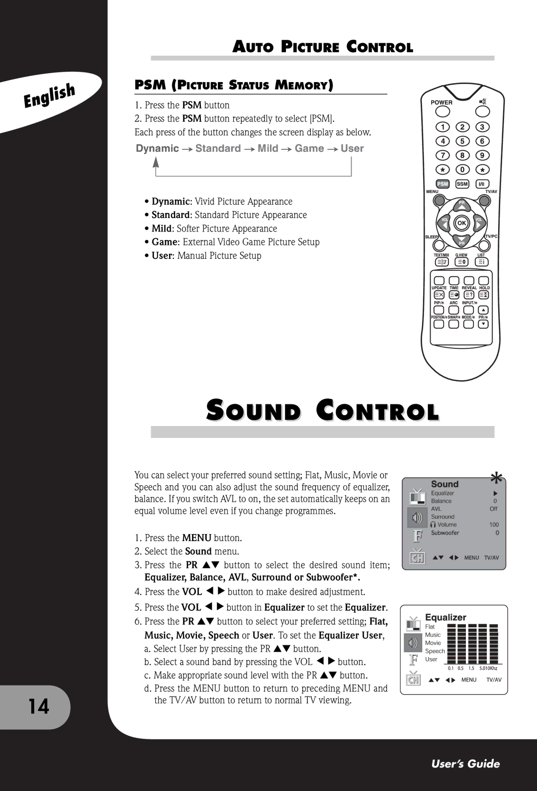 Packard Bell 170, 300 SW, 230 manual Sound Control, Auto Picture Control, PSM Picture Status Memory 