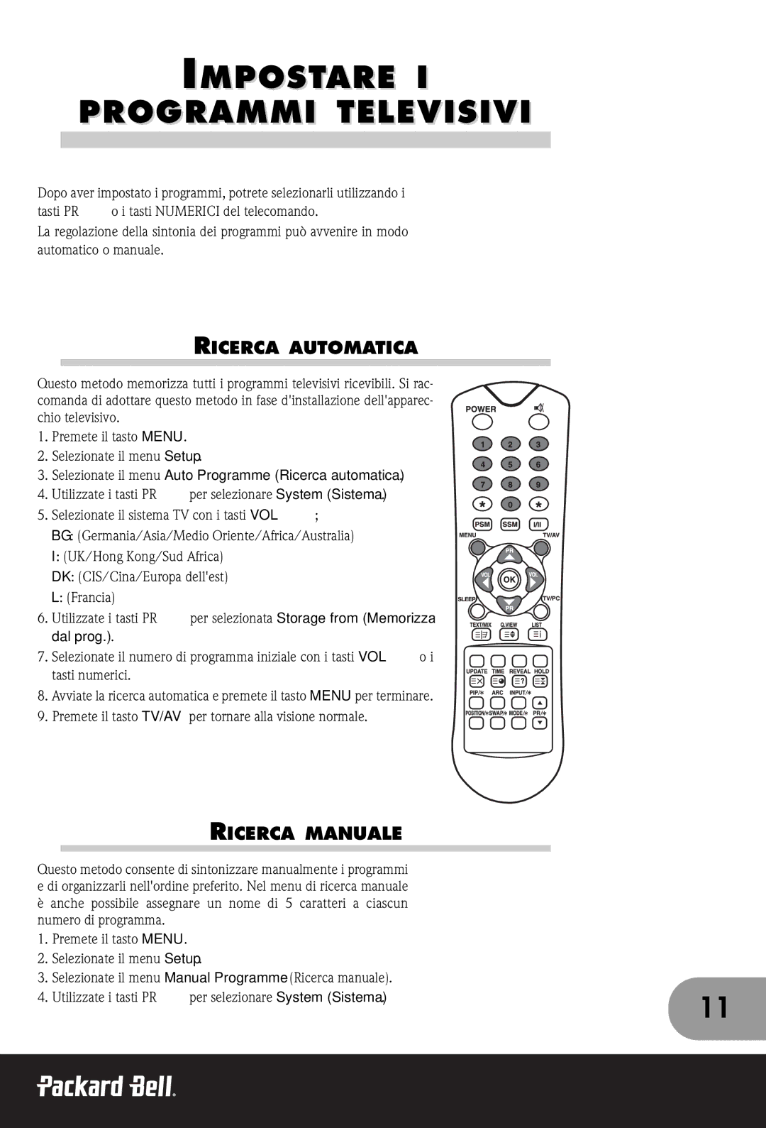 Packard Bell 300 SW, 230, 170 manual Impostare Programmi Televisivi, Ricerca Automatica, Ricerca Manuale 