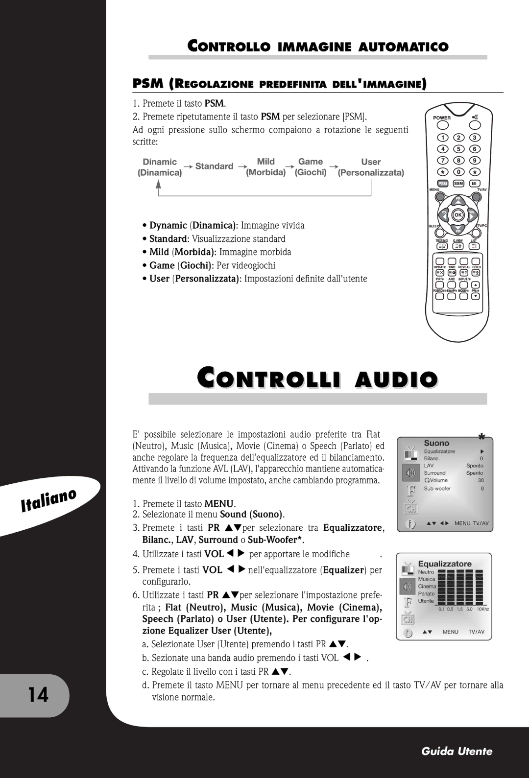 Packard Bell 300 SW, 230, 170 manual Controlli Audio, Controllo Immagine Automatico, PSM Regolazione Predefinita Dellimmagine 