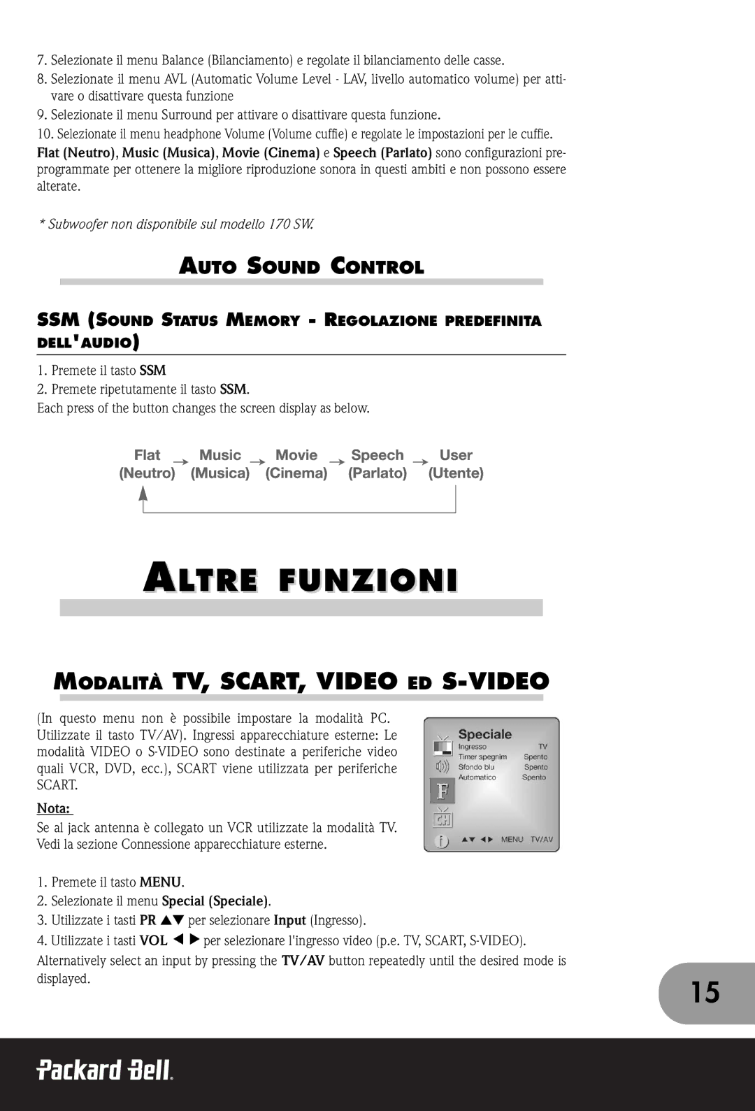 Packard Bell 230, 300 SW, 170 manual Altre Funzioni, Modalità TV, SCART, Video ED S-VIDEO 