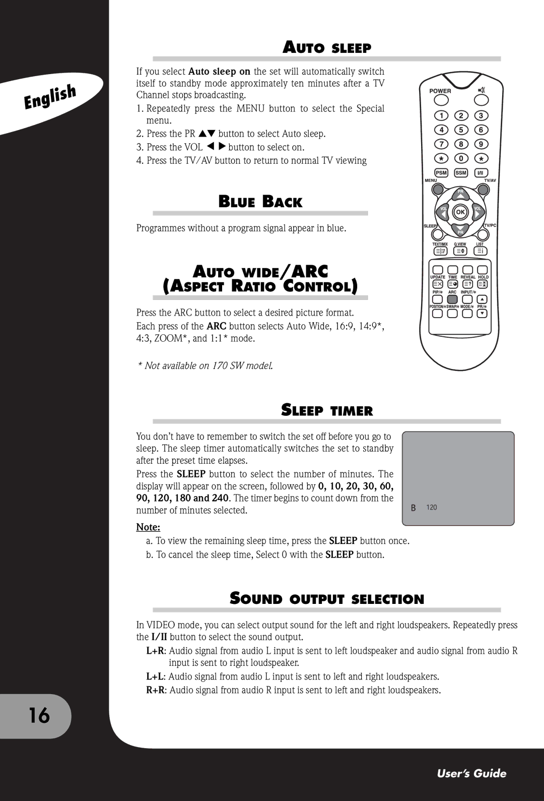 Packard Bell 230, 300 SW Auto Sleep, Blue Back, Auto WIDE/ARC Aspect Ratio Control, Sleep Timer, Sound Output Selection 