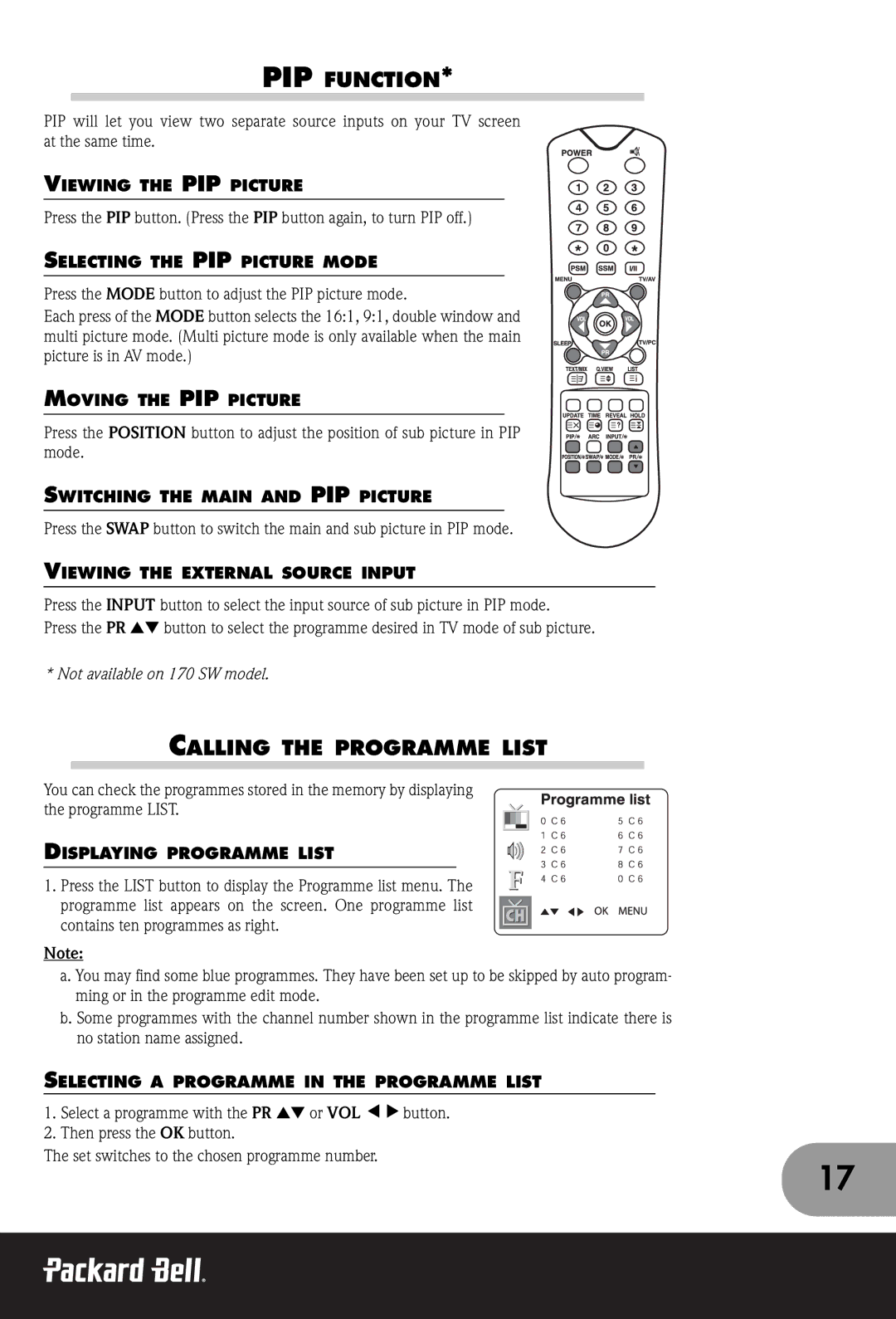 Packard Bell 170, 300 SW, 230 manual PIP Function, Calling the Programme List 