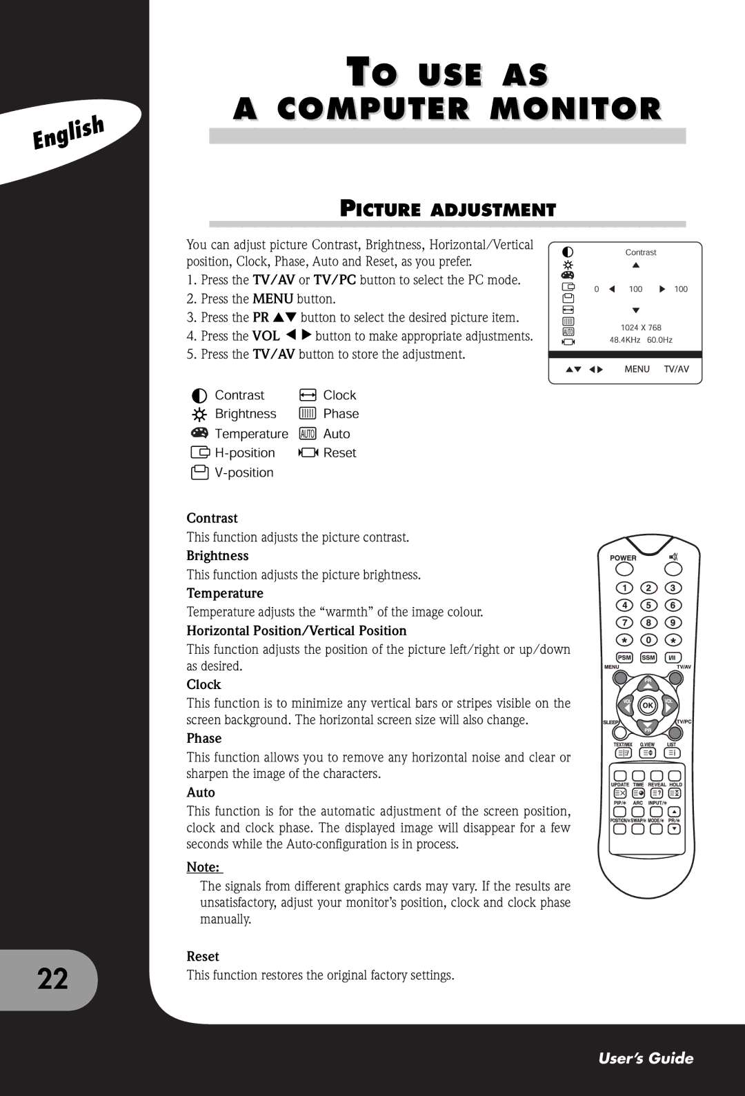 Packard Bell 230, 300 SW, 170 manual To USE AS Computer Monitor, Picture Adjustment 