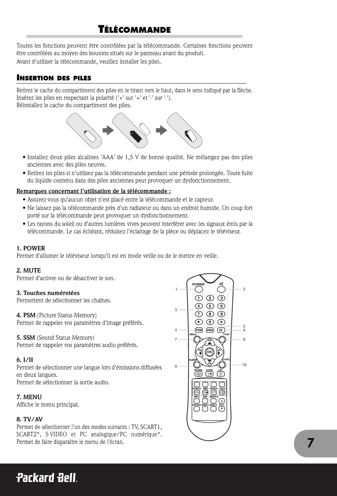 Packard Bell 300 SW, 230, 170 manual Télécommande, Insertion DES Piles, Remarques concernant lutilisation de la télécommande 