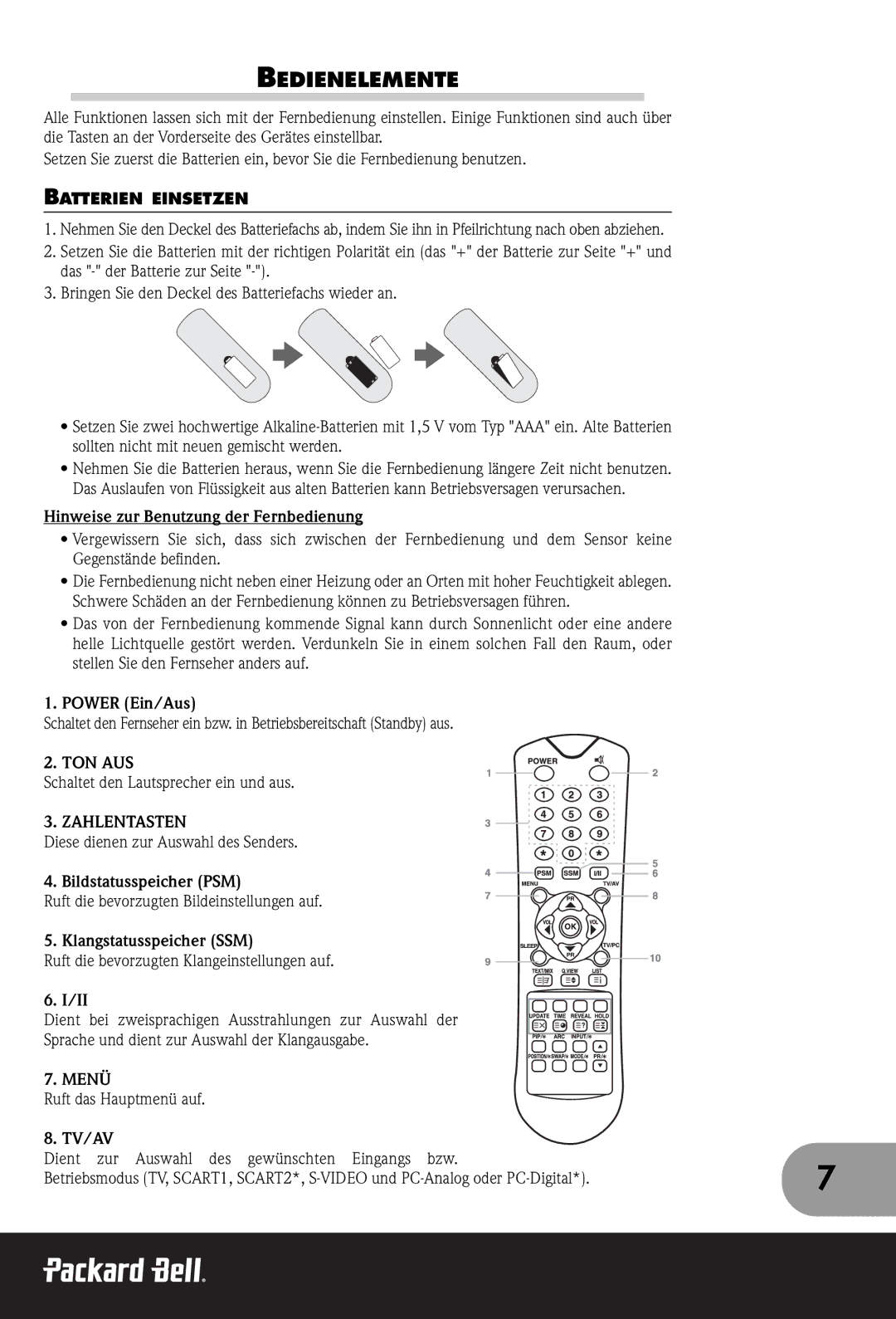 Packard Bell 170, 300 SW, 230 manual Bedienelemente, Batterien Einsetzen, Ton Aus, Zahlentasten, Menü 