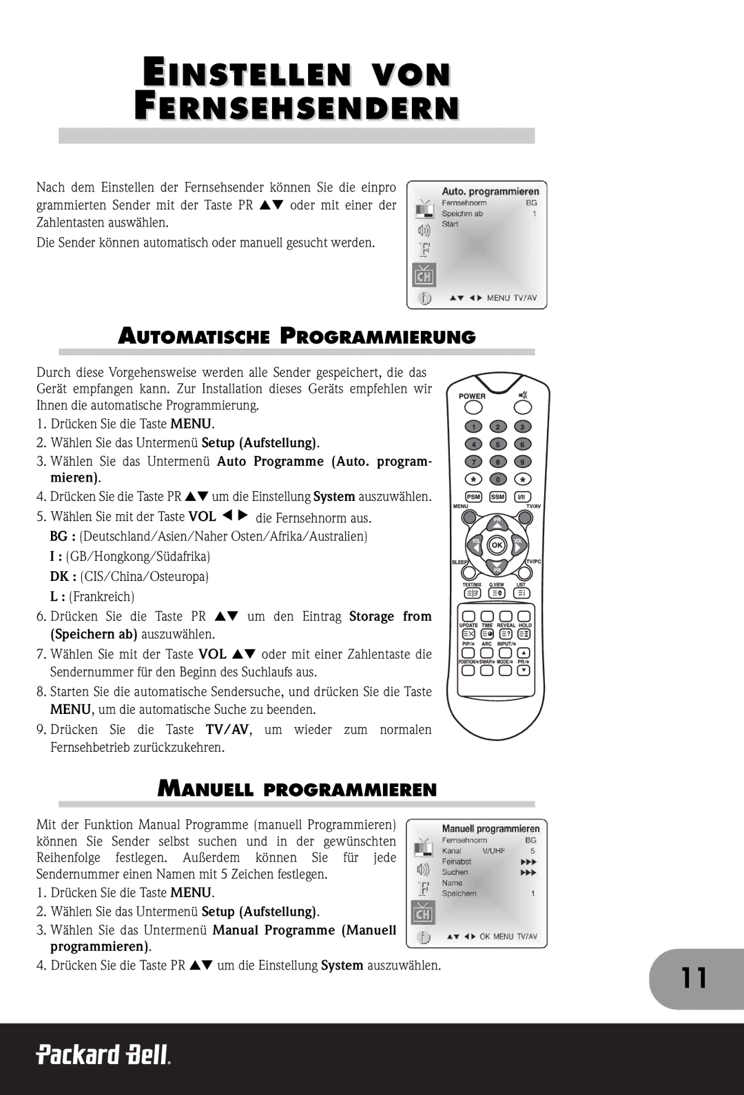 Packard Bell 300 SW, 230, 170 manual Einstellen VON Fernsehsendern, Automatische Programmierung, Manuell Programmieren 