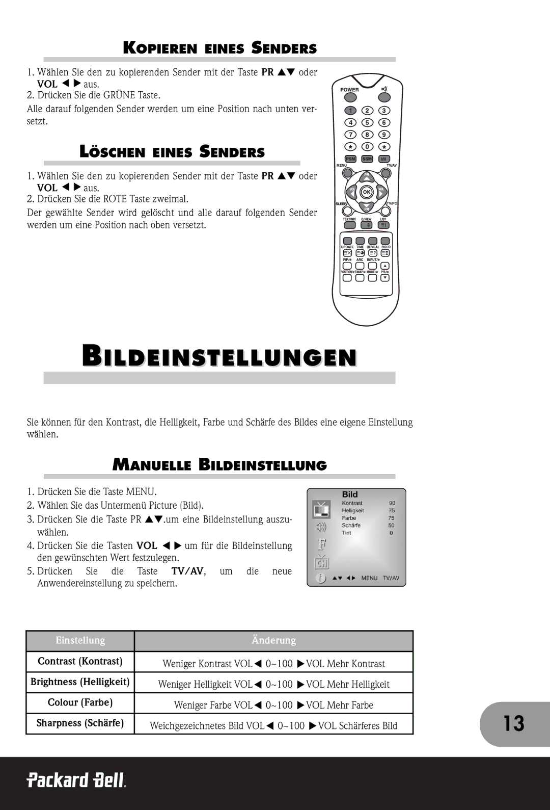 Packard Bell 170 Bildeinstellungen, Kopieren Eines Senders, Löschen Eines Senders, Manuelle Bildeinstellung, Einstellung 