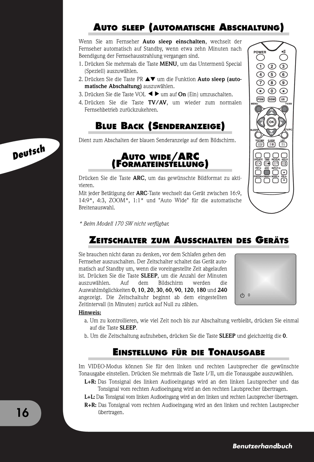 Packard Bell 170, 300 SW, 230 Auto Sleep Automatische Abschaltung, Blue Back Senderanzeige, Auto WIDE/ARC Formateinstellung 