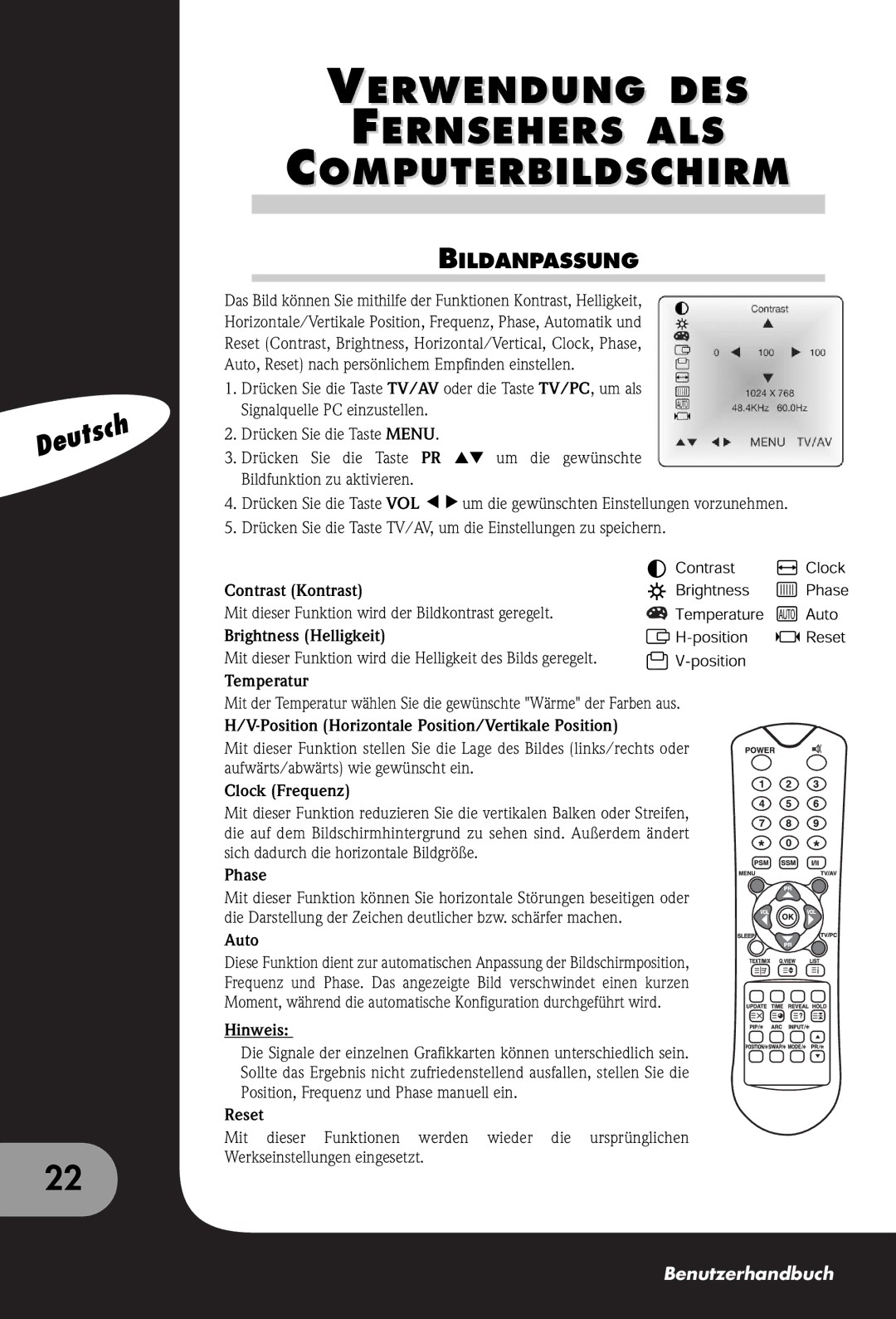 Packard Bell 170, 300 SW, 230 manual Verwendung DES Fernsehers ALS Computerbildschirm, Bildanpassung 