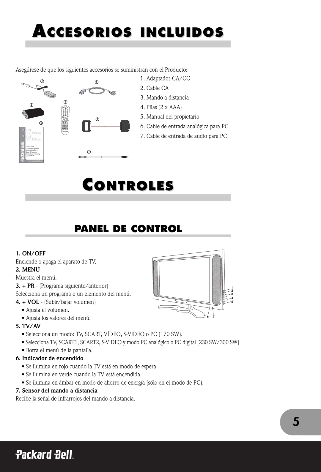 Packard Bell 170, 300 SW, 230 manual Accesorios Incluidos, Controles, Panel DE Control 