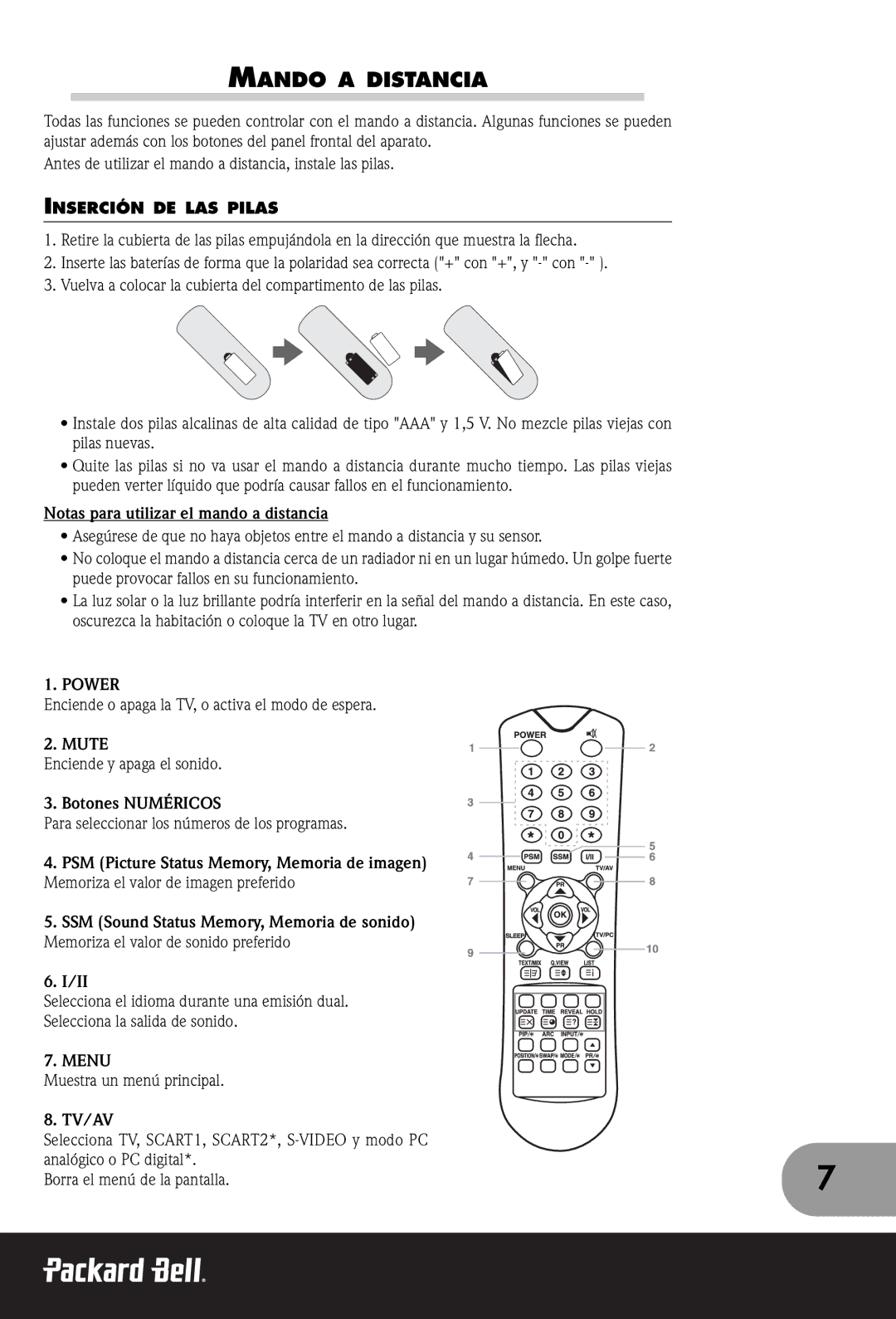 Packard Bell 230, 300 SW, 170 manual Mando a Distancia, Inserción DE LAS Pilas 