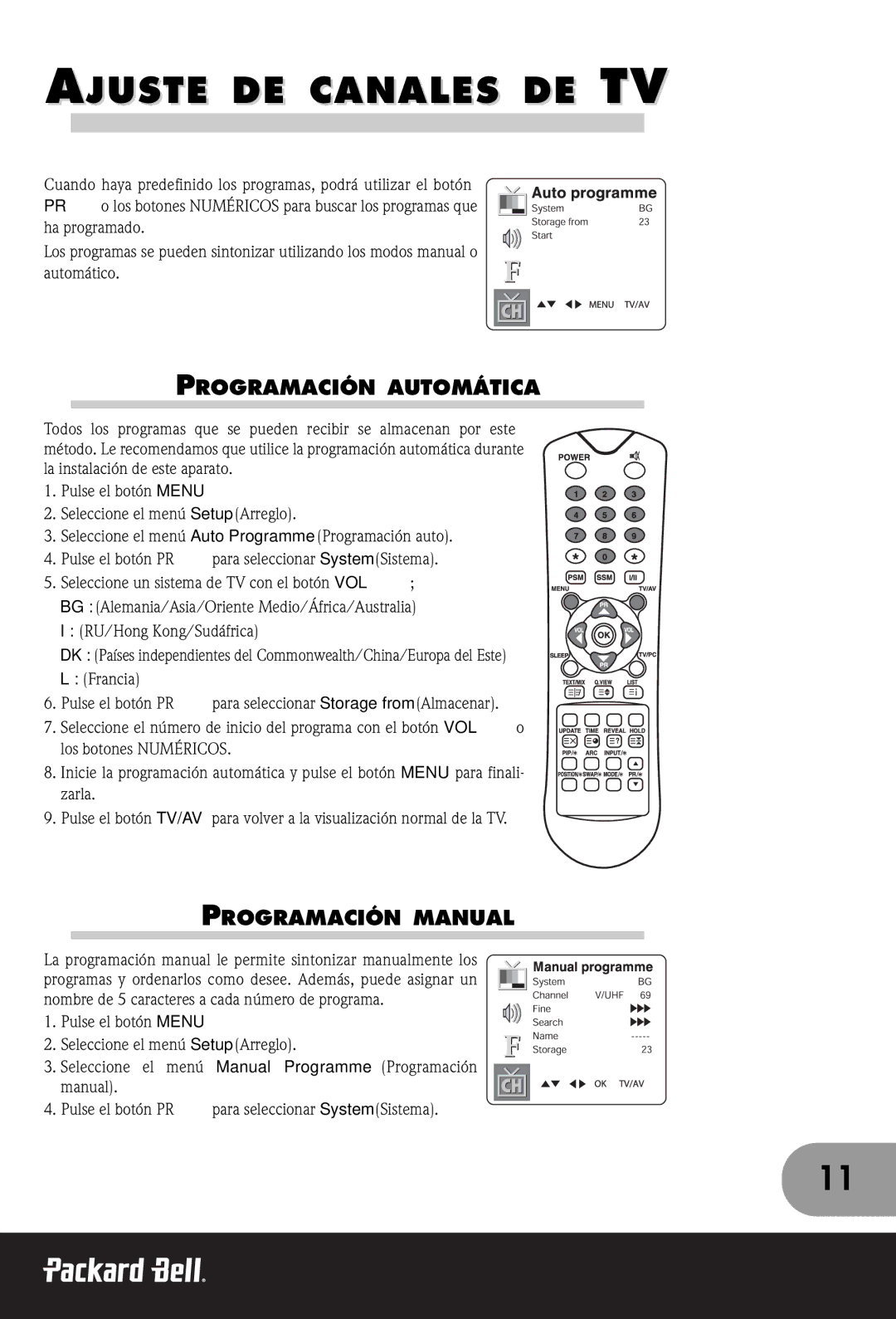 Packard Bell 170, 300 SW, 230 manual Ajuste DE Canales DE TV, Programación Automática, Programación Manual 