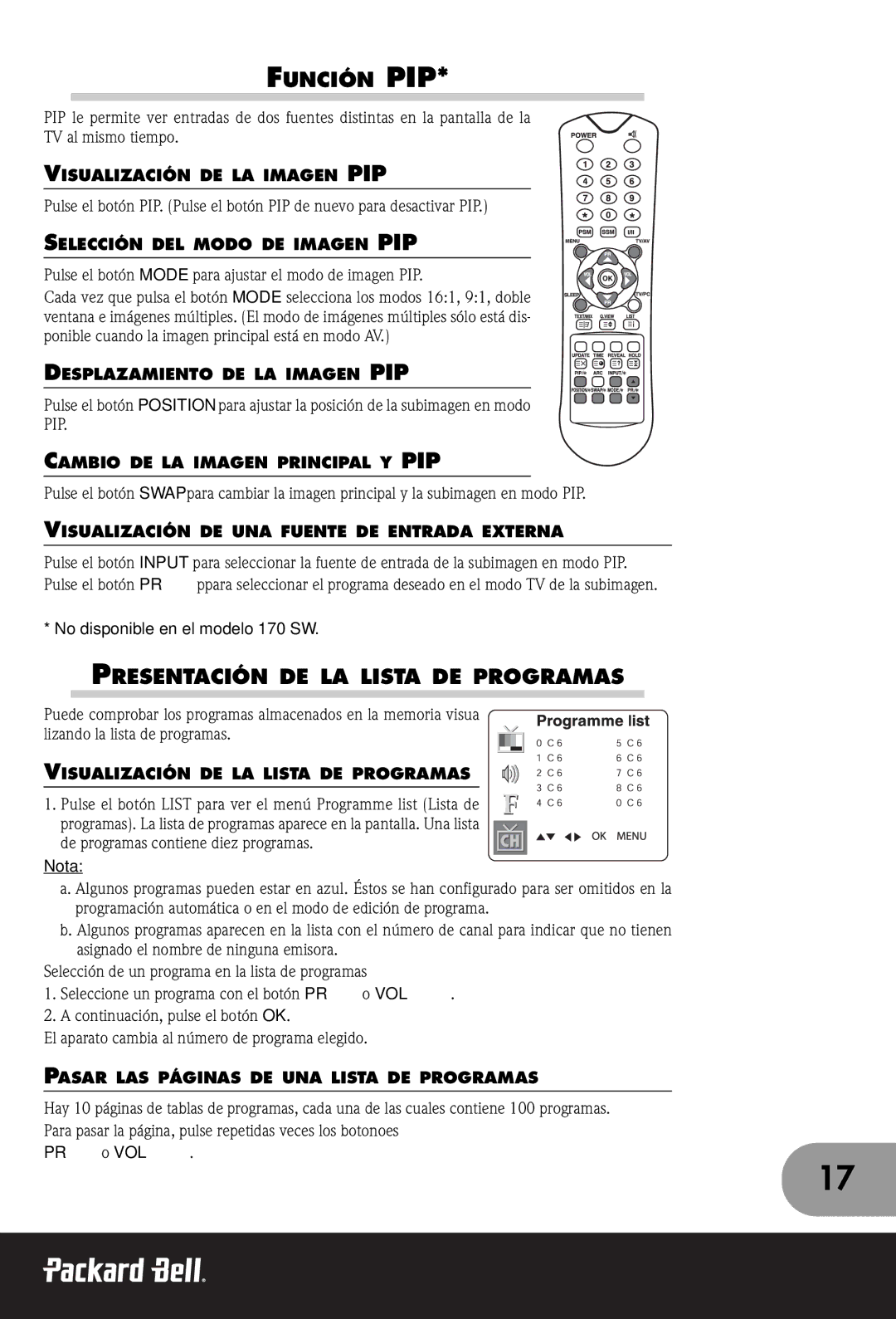 Packard Bell 170, 300 SW, 230 manual Función PIP, Presentación DE LA Lista DE Programas 