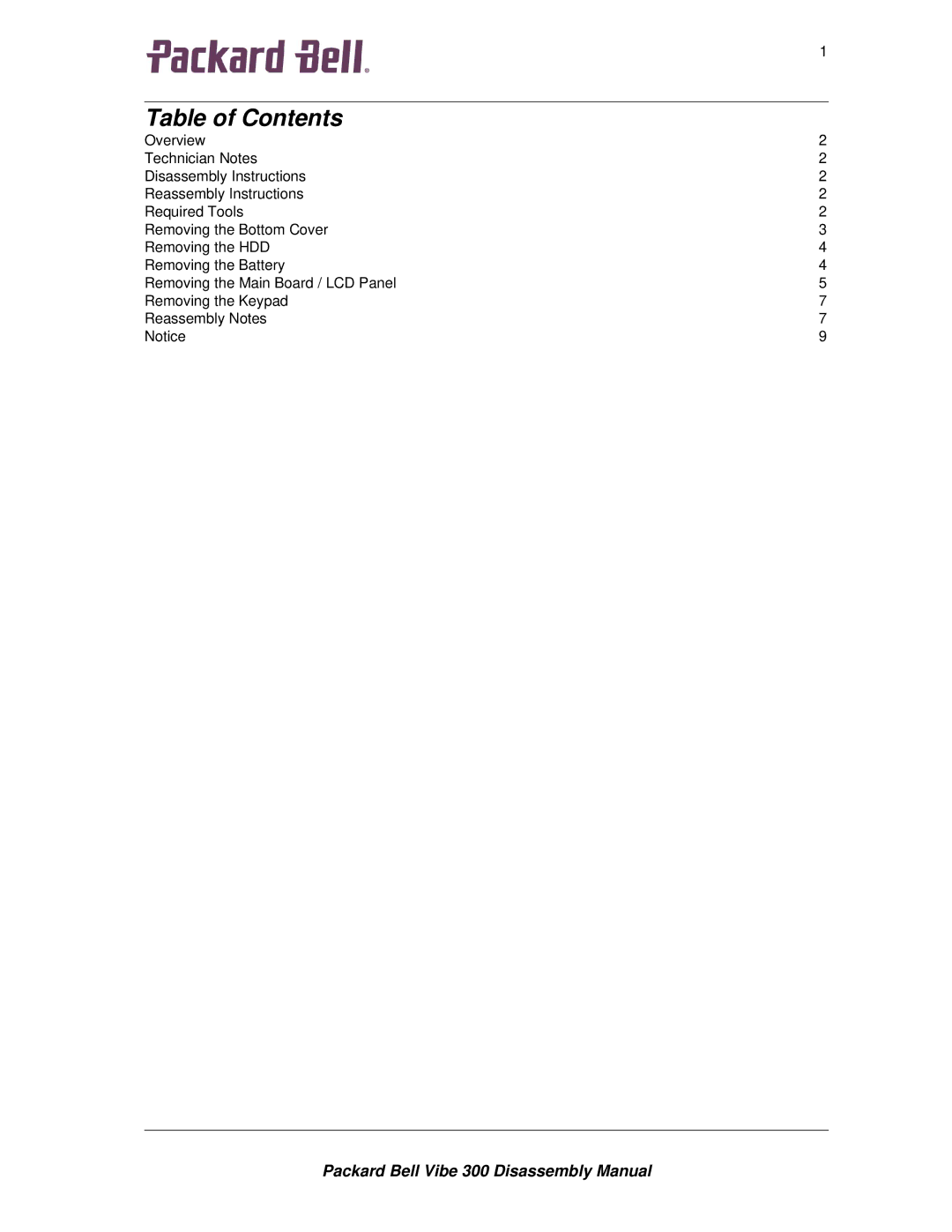 Packard Bell 300 manual Table of Contents 