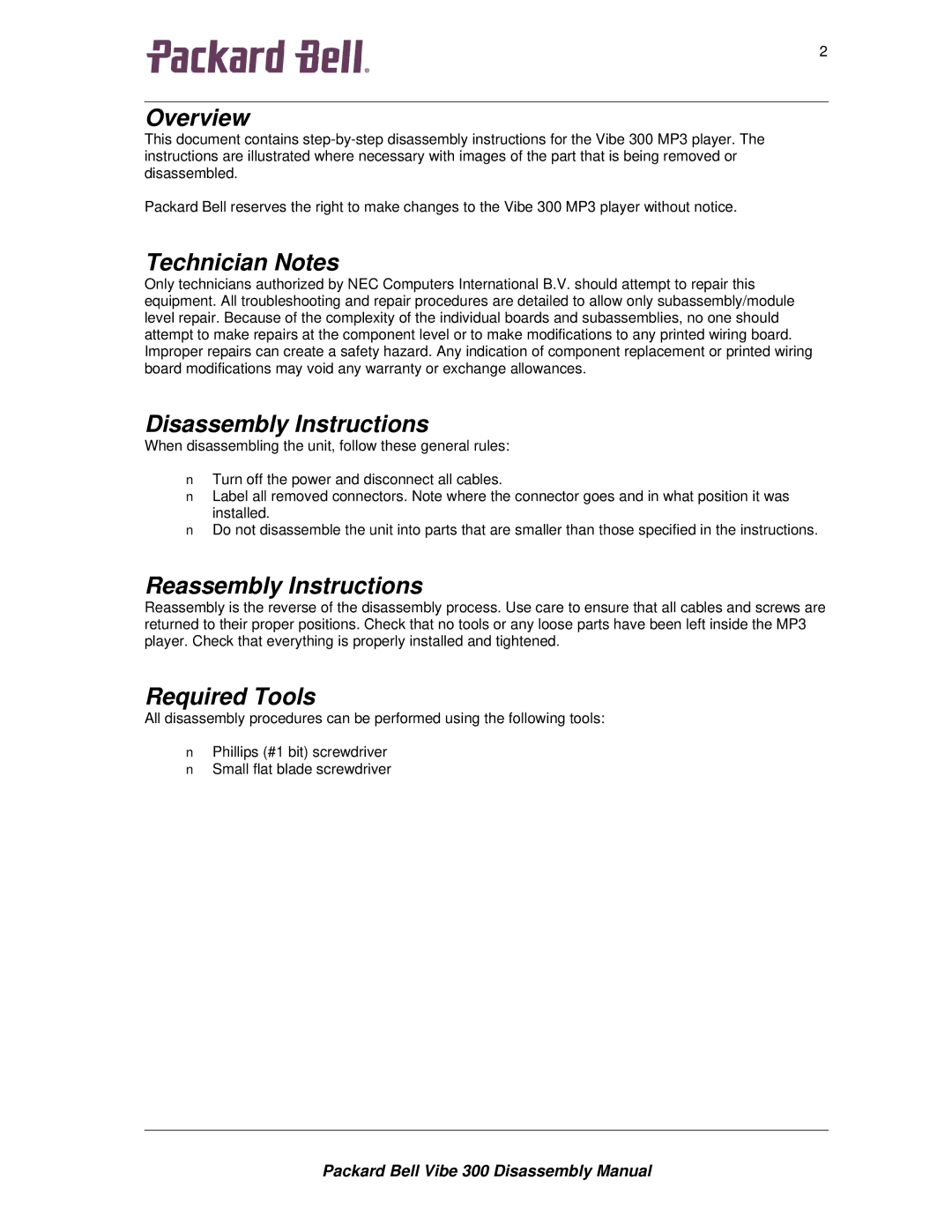 Packard Bell 300 manual Overview, Technician Notes, Disassembly Instructions, Reassembly Instructions, Required Tools 