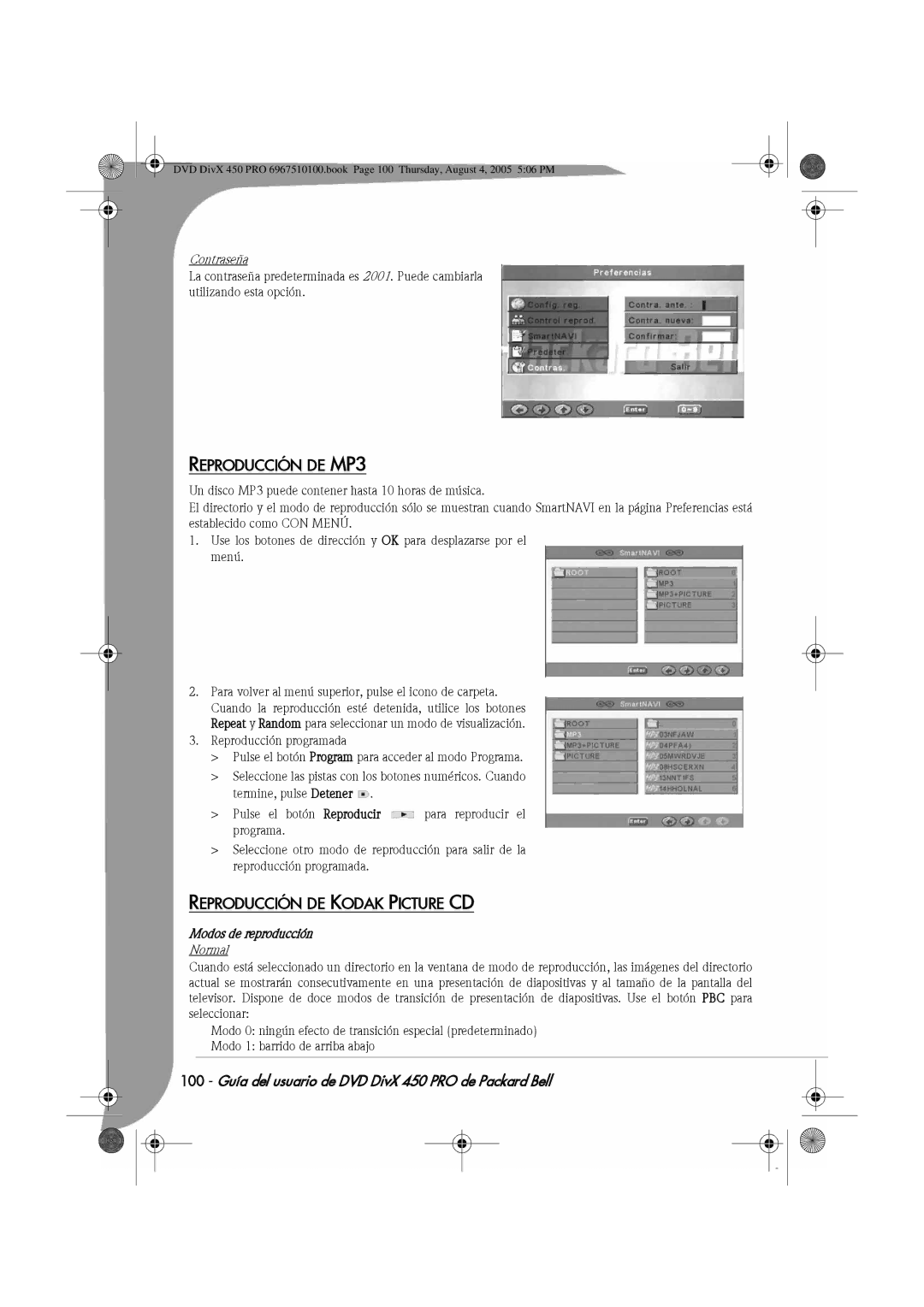 Packard Bell 450 PRO manual Reproducción DE MP3, Reproducción DE Kodak Picture CD, Contraseña, Modos de reproducción 