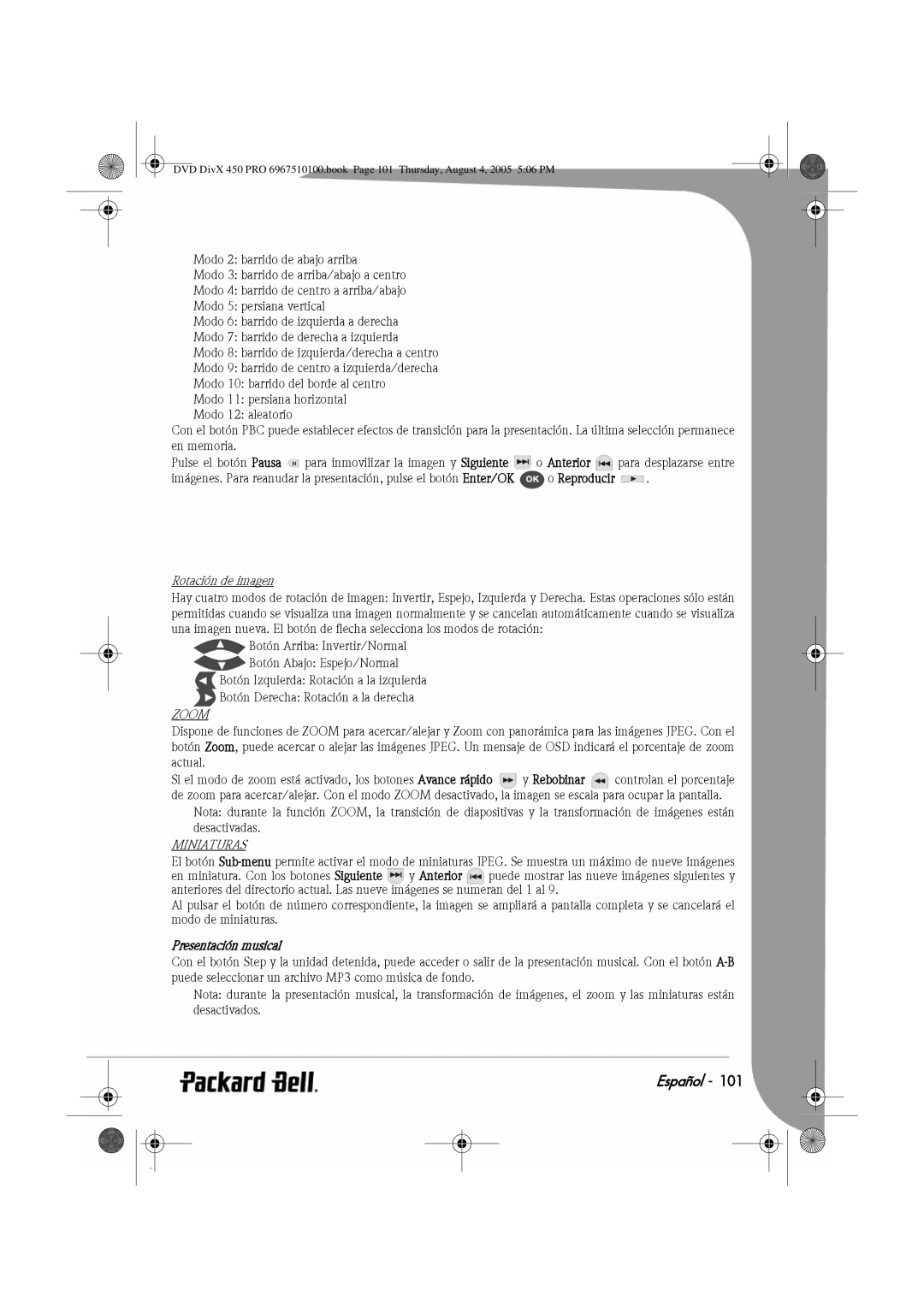 Packard Bell 450 PRO manual Rotación de imagen, Presentación musical 