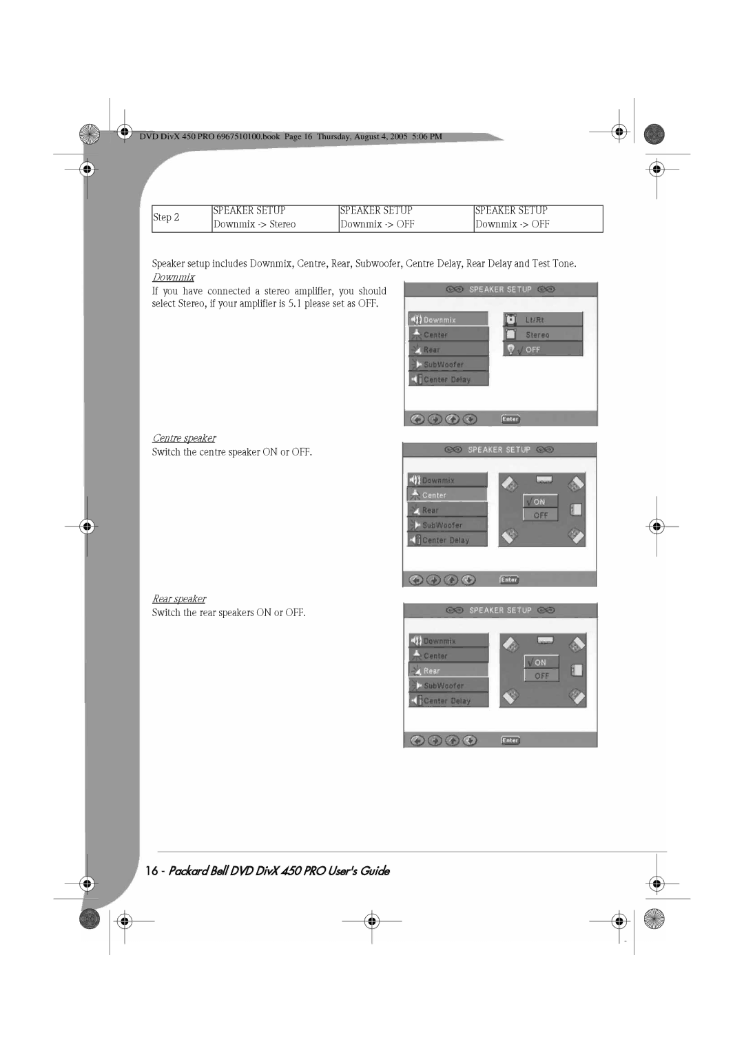 Packard Bell 450 PRO manual Downmix, Centre speaker, Rear speaker 