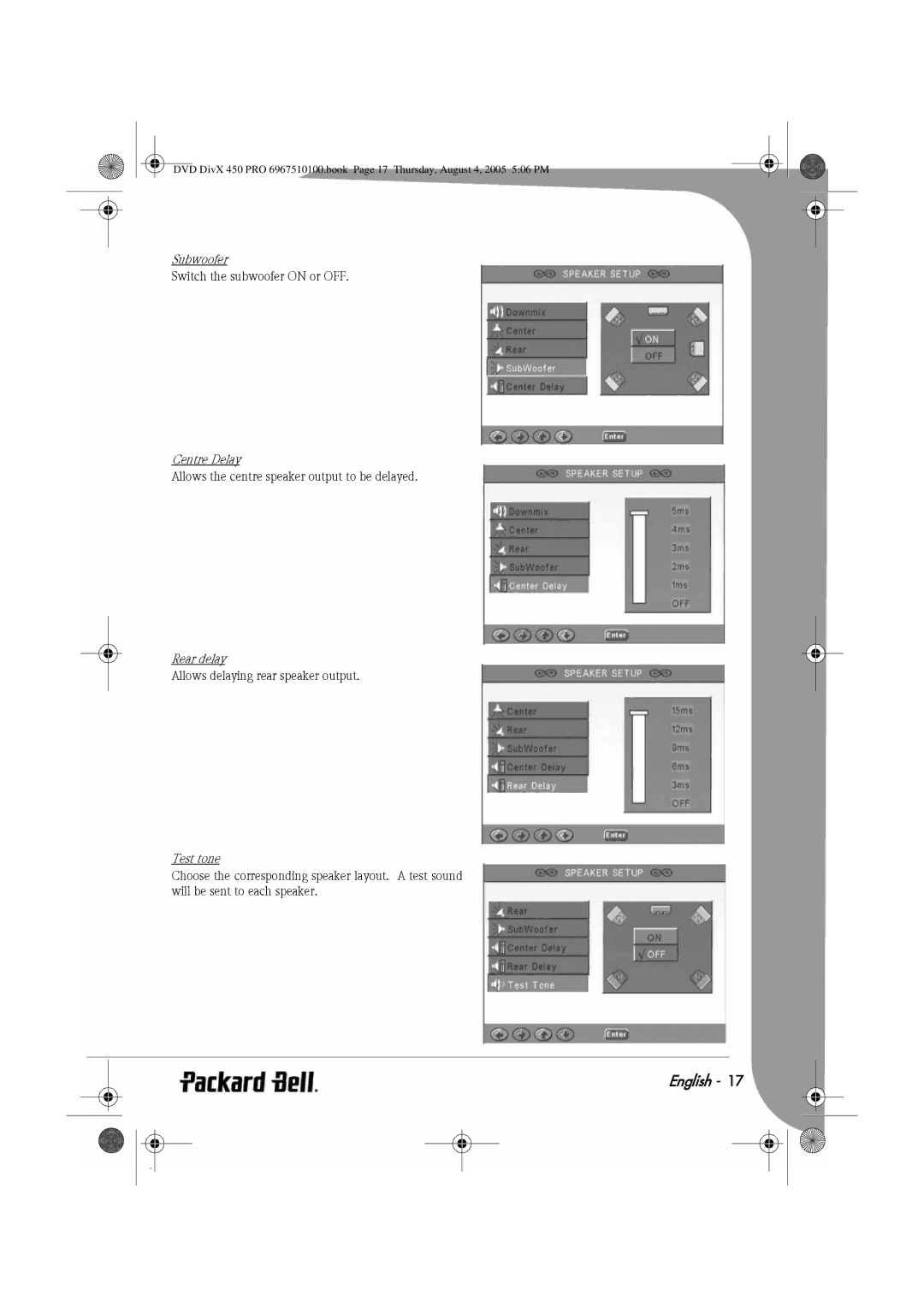 Packard Bell 450 PRO manual Subwoofer, Centre Delay, Rear delay, Test tone 